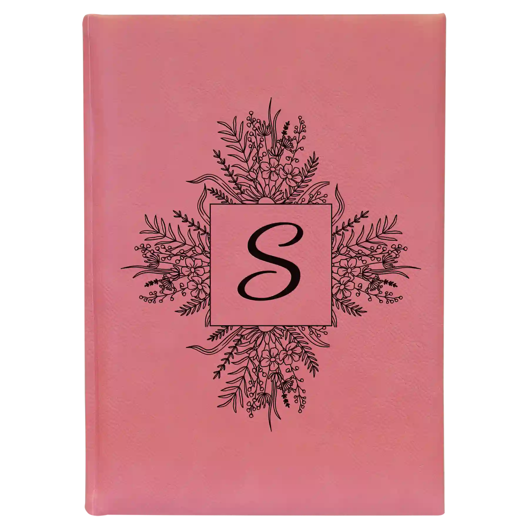 Large pink leatherette sketch book laser etched with 'Floral Initals' design