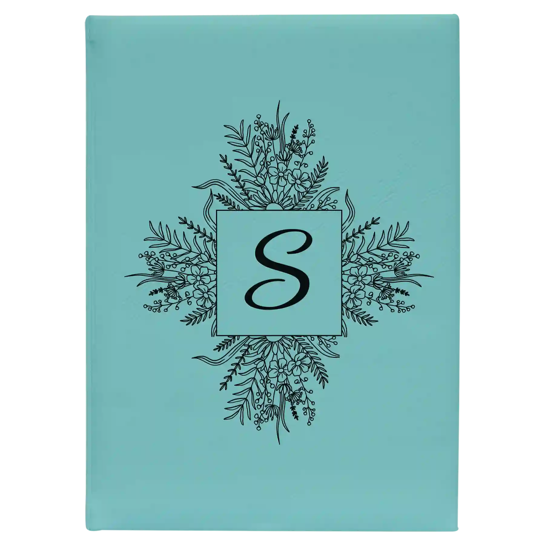 Large teal leatherette sketch book laser etched with 'Floral Initals' design