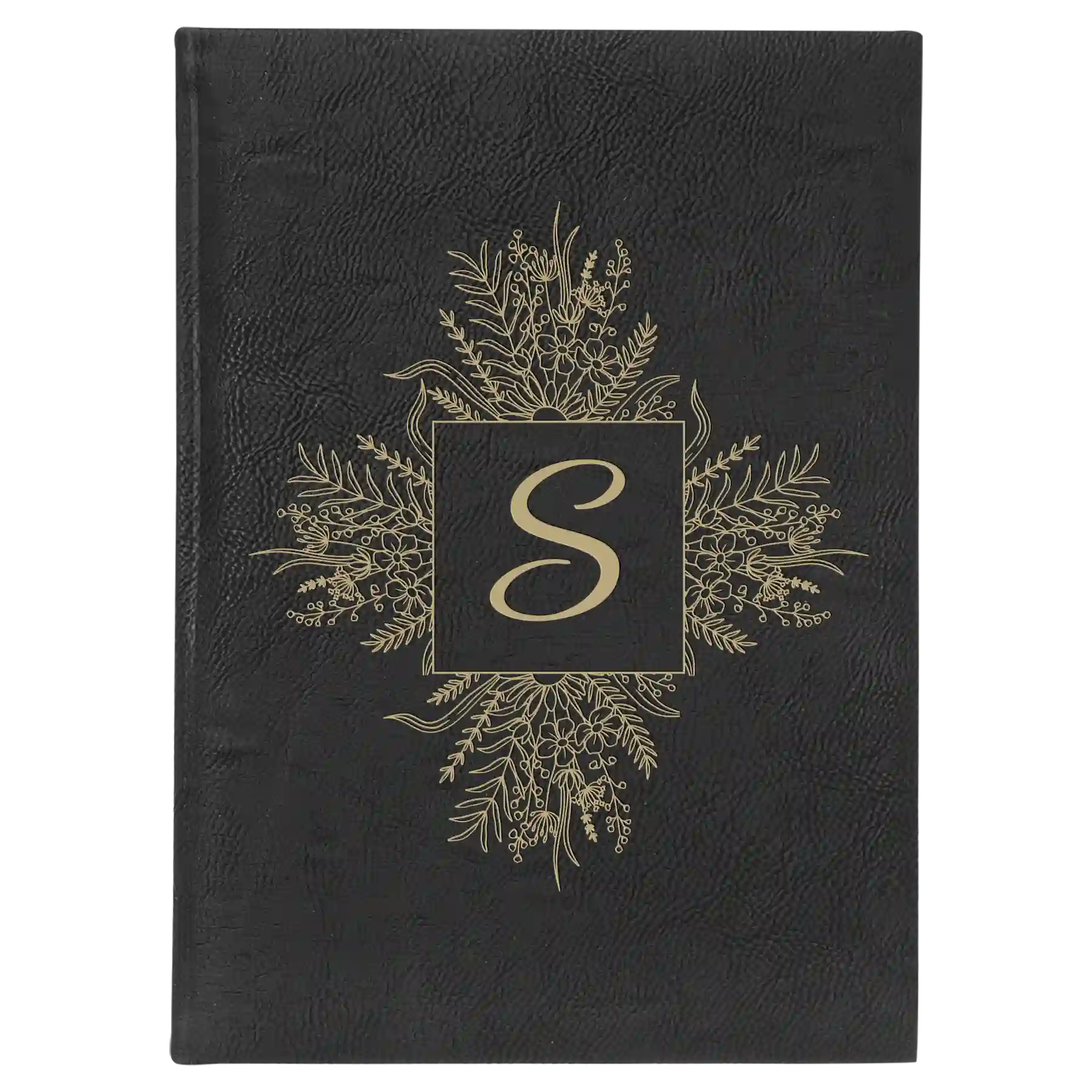 Large black/gold leatherette sketch book laser etched with 'Floral Initals' design