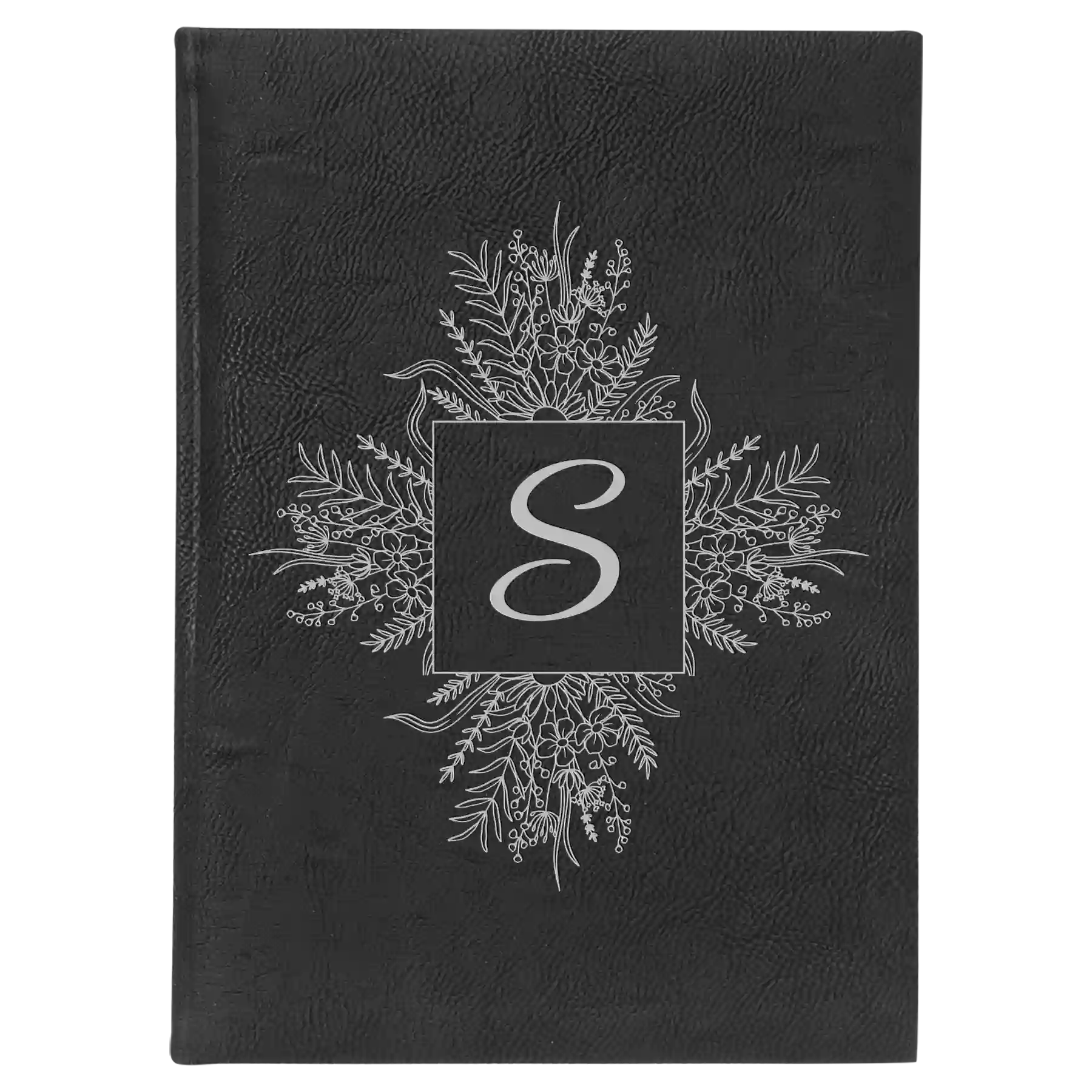 Large black/silver leatherette sketch book laser etched with 'Floral Initals' design