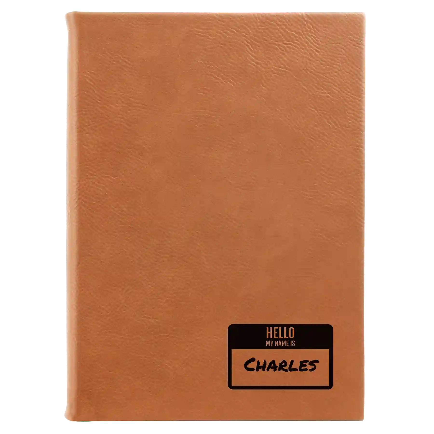 Large rawhide leatherette journal laser etched with 'Hello My Name is' design
