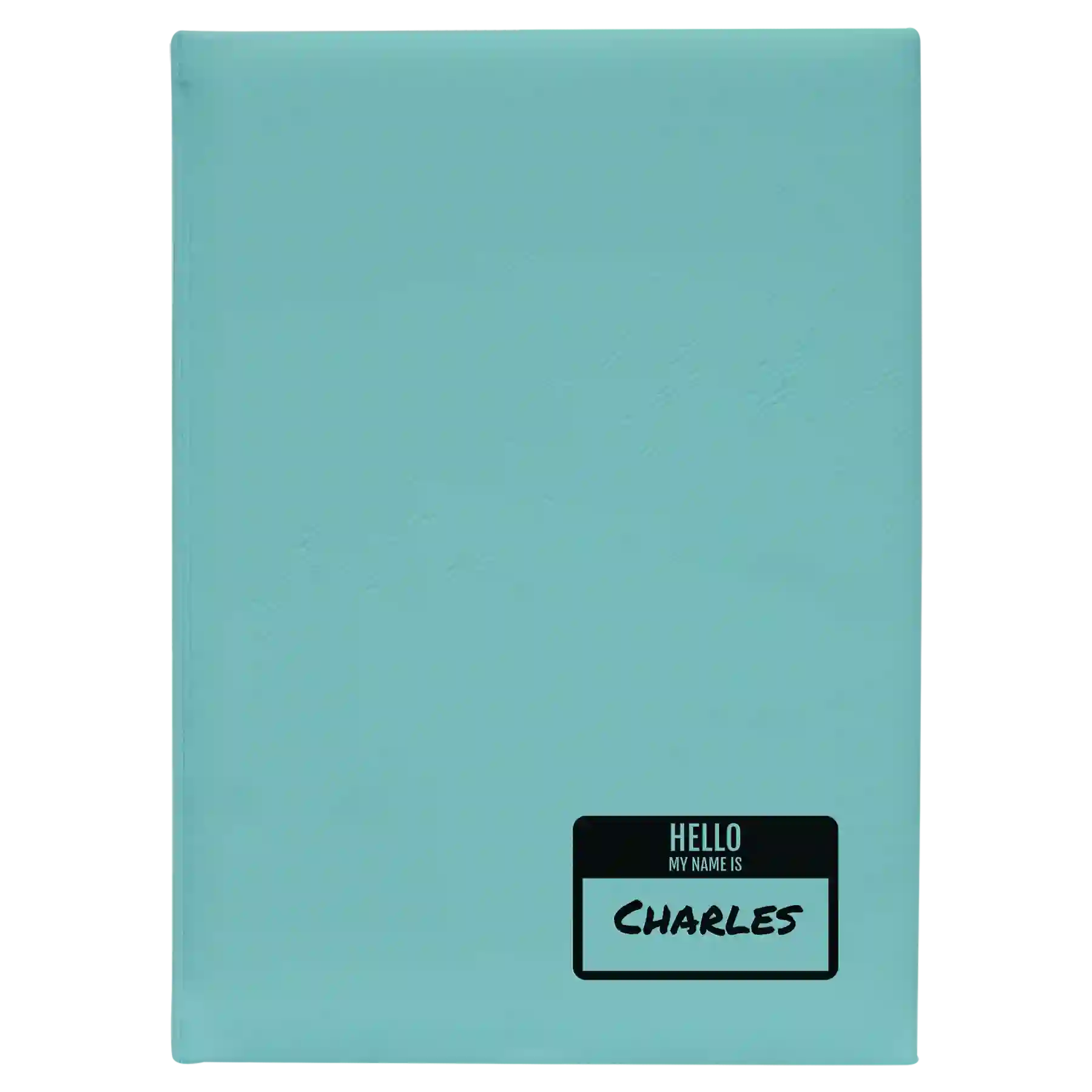 Large teal leatherette sketch book laser etched with 'Hello My Name is' design