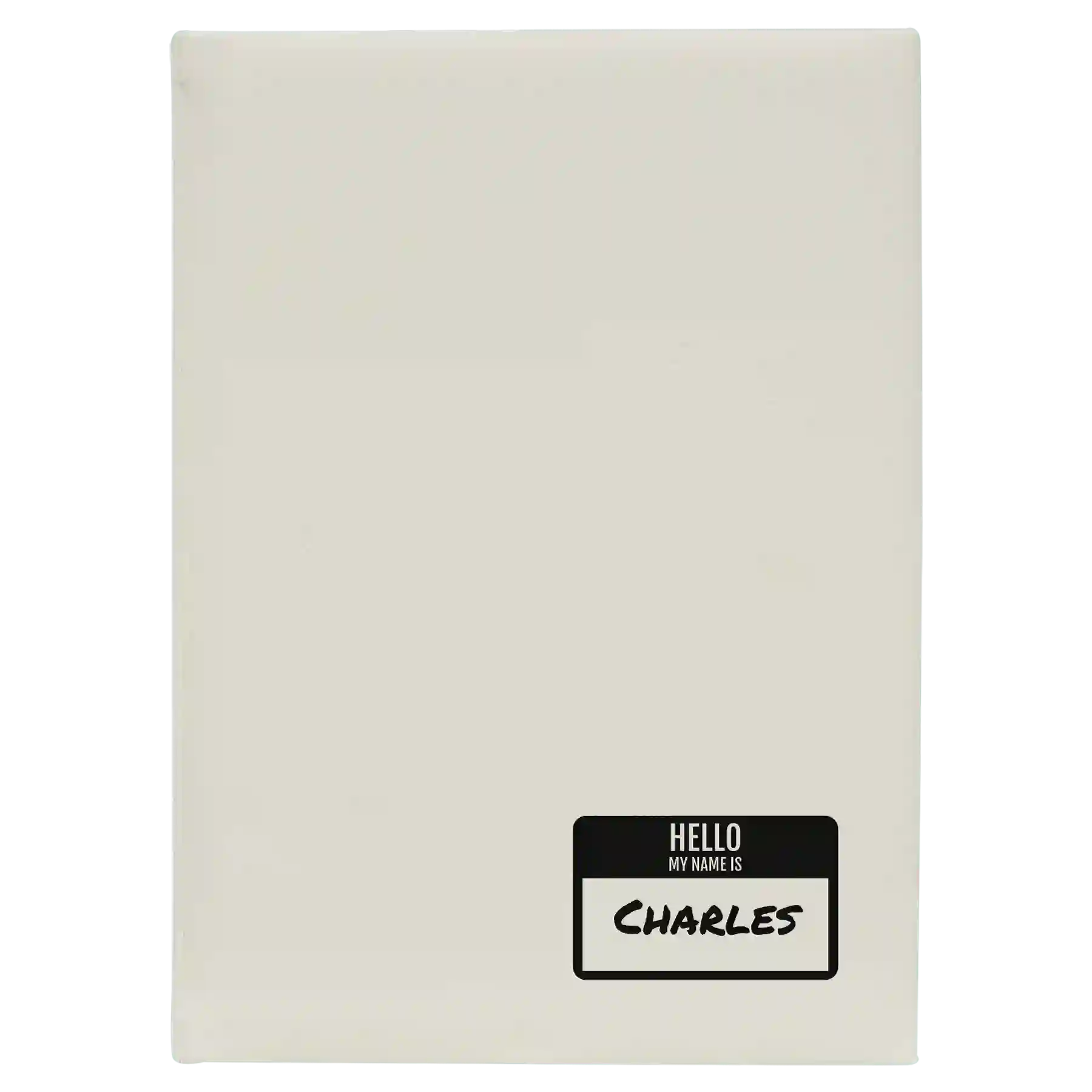 Large white leatherette journal laser etched with 'Hello My Name is' design