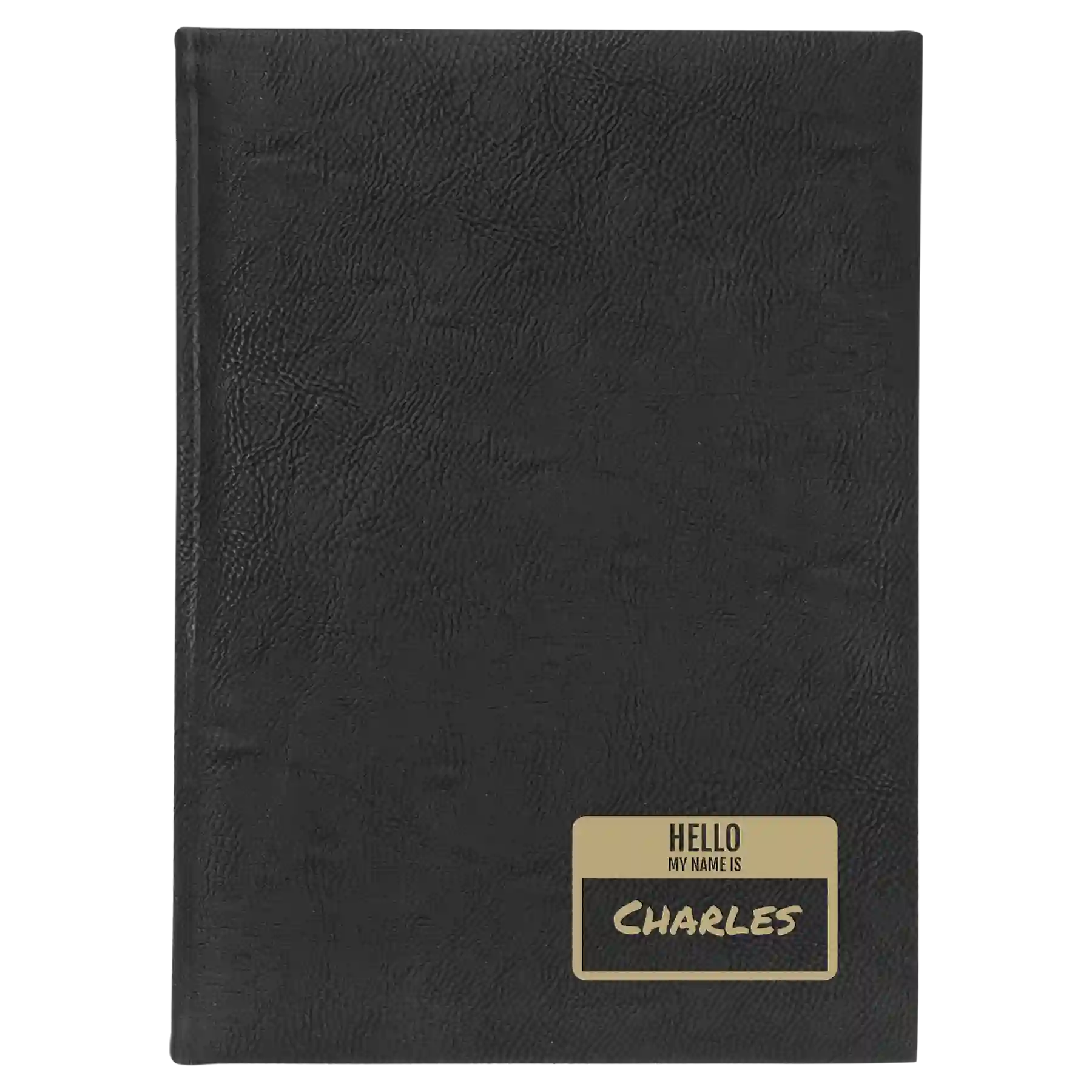 Large black/gold leatherette journal laser etched with 'Hello My Name is' design