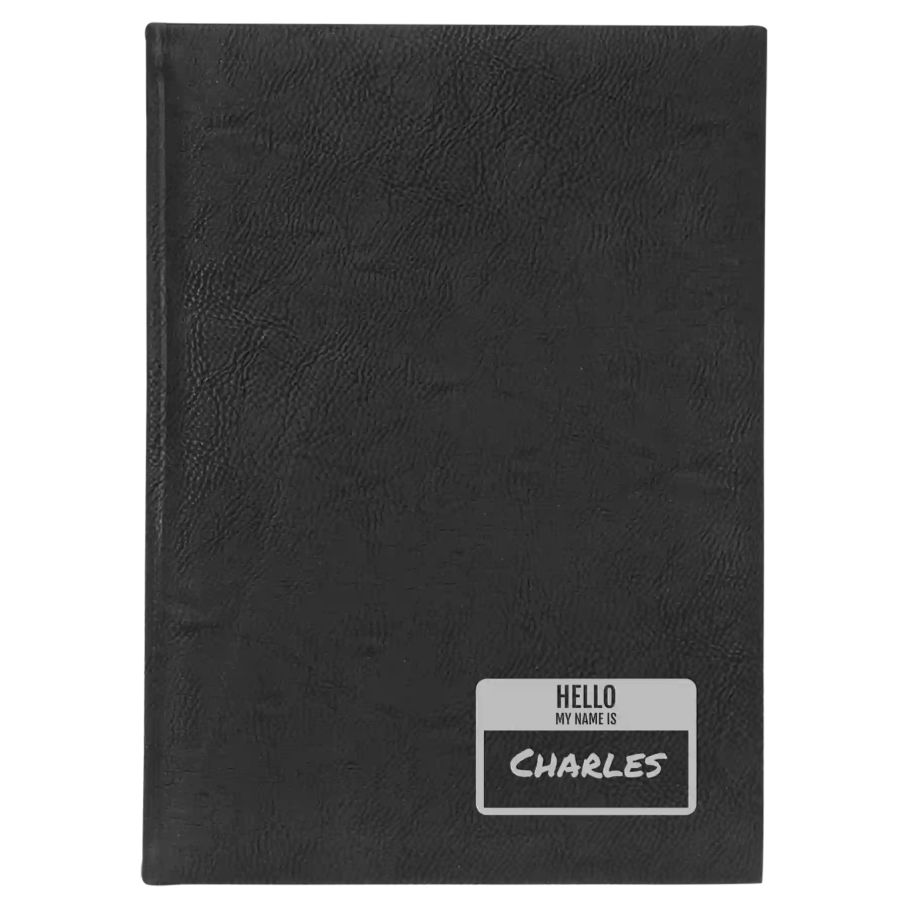 Large black/silver leatherette sketch book laser etched with 'Hello My Name is' design