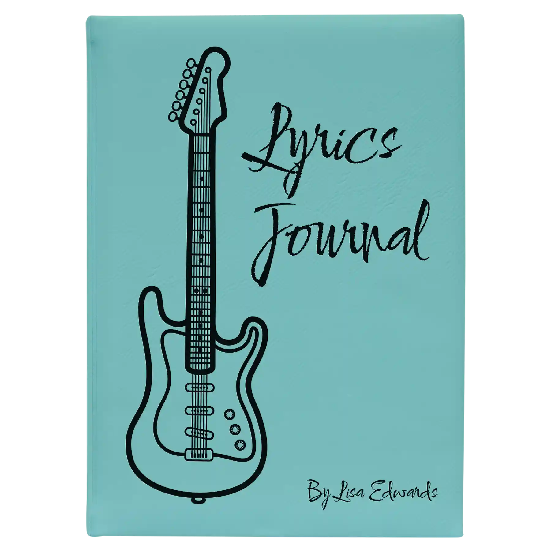Large teal leatherette sketch book laser etched with 'Lyrics' design
