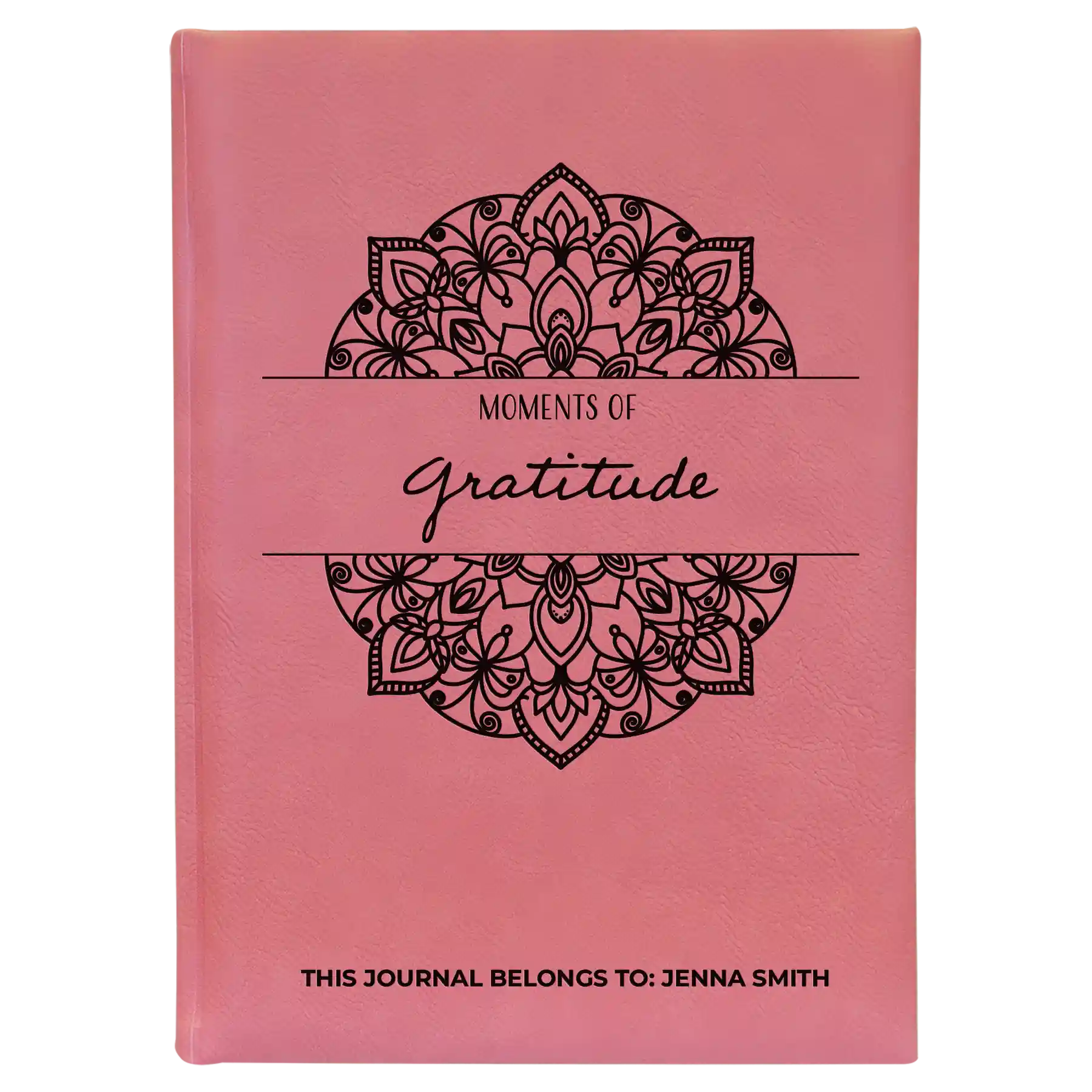 Large pink leatherette journal laser etched with 'Moments of Gratitude' design
