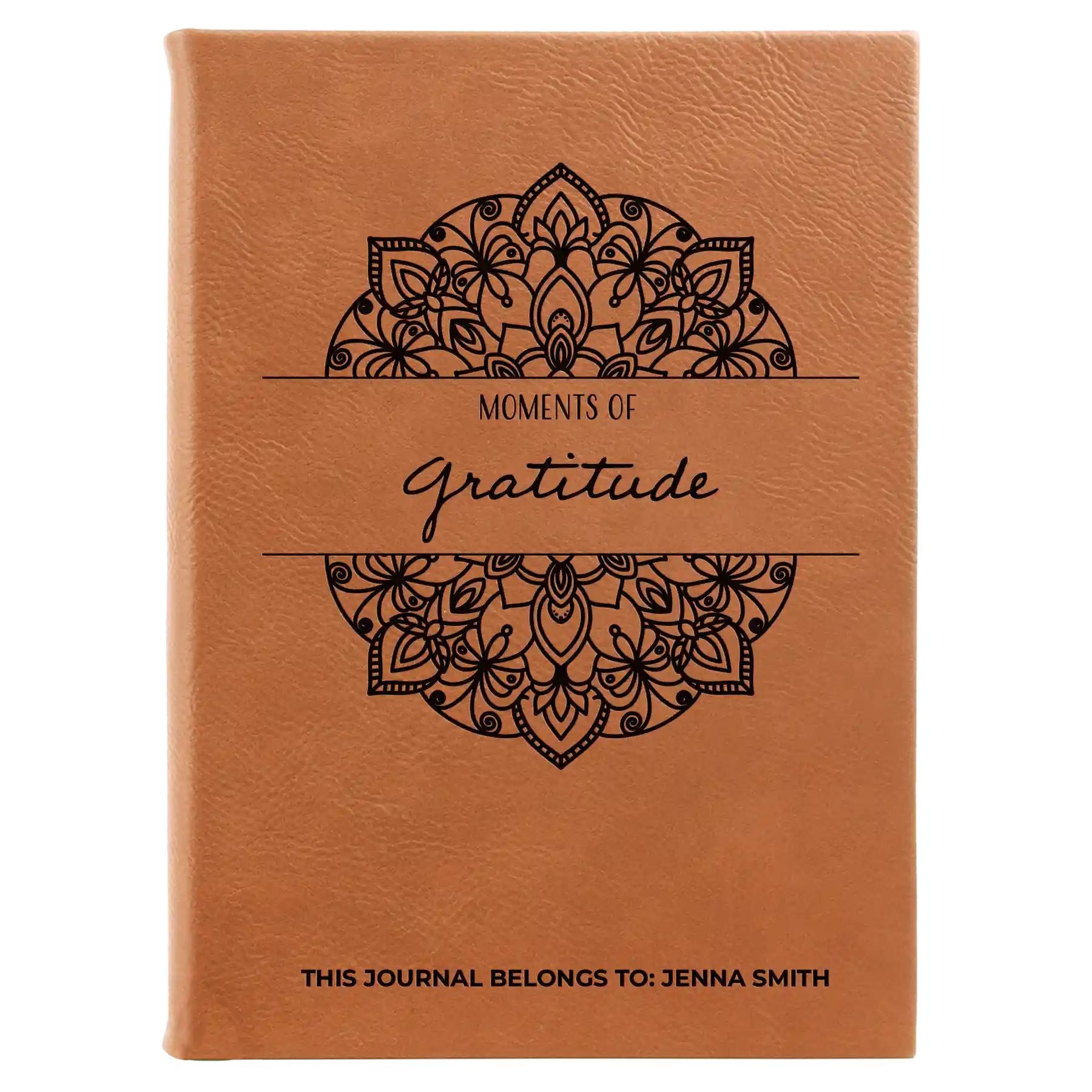 Large rawhide leatherette journal laser etched with 'Moments of Gratitude' design