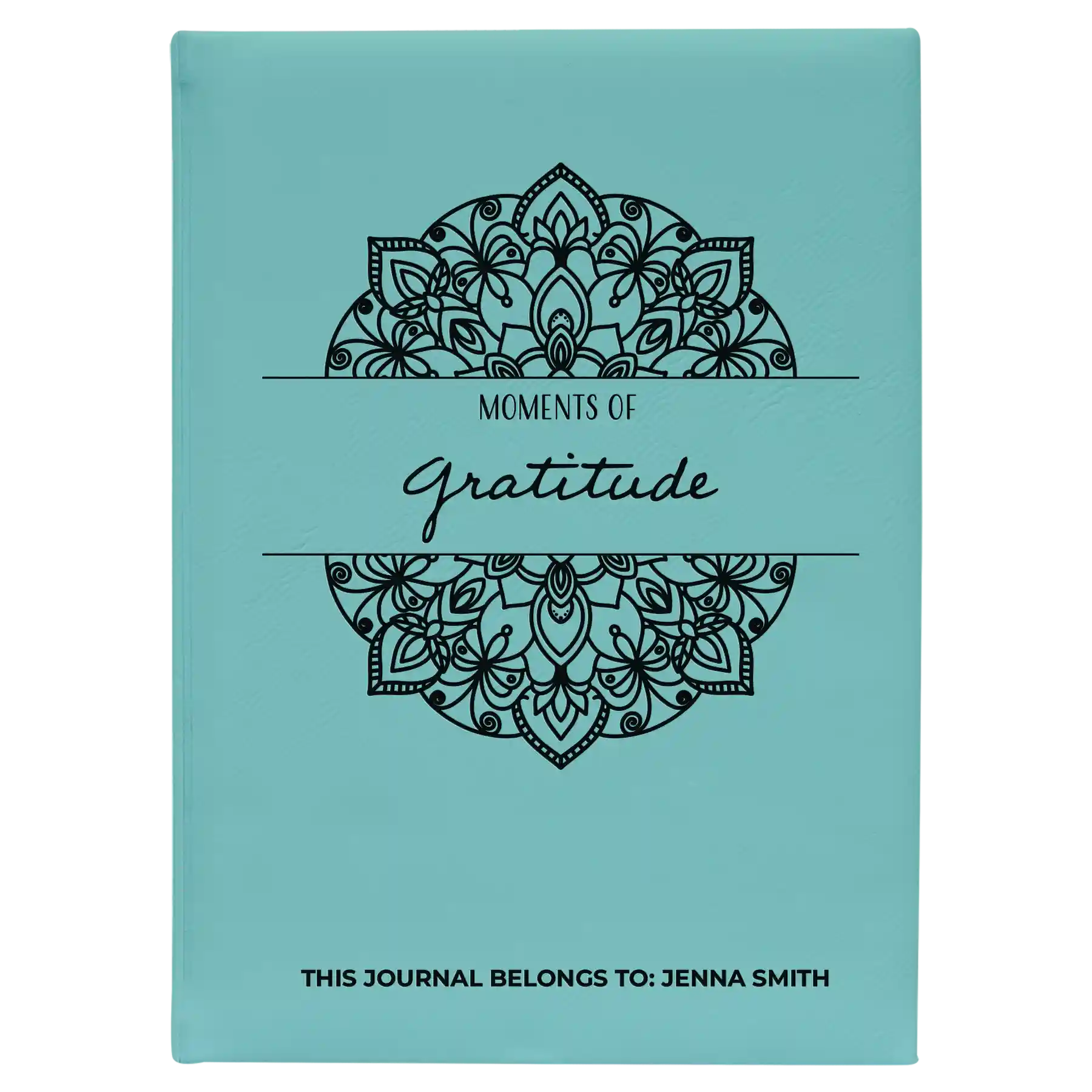 Large teal leatherette journal laser etched with 'Moments of Gratitude' design