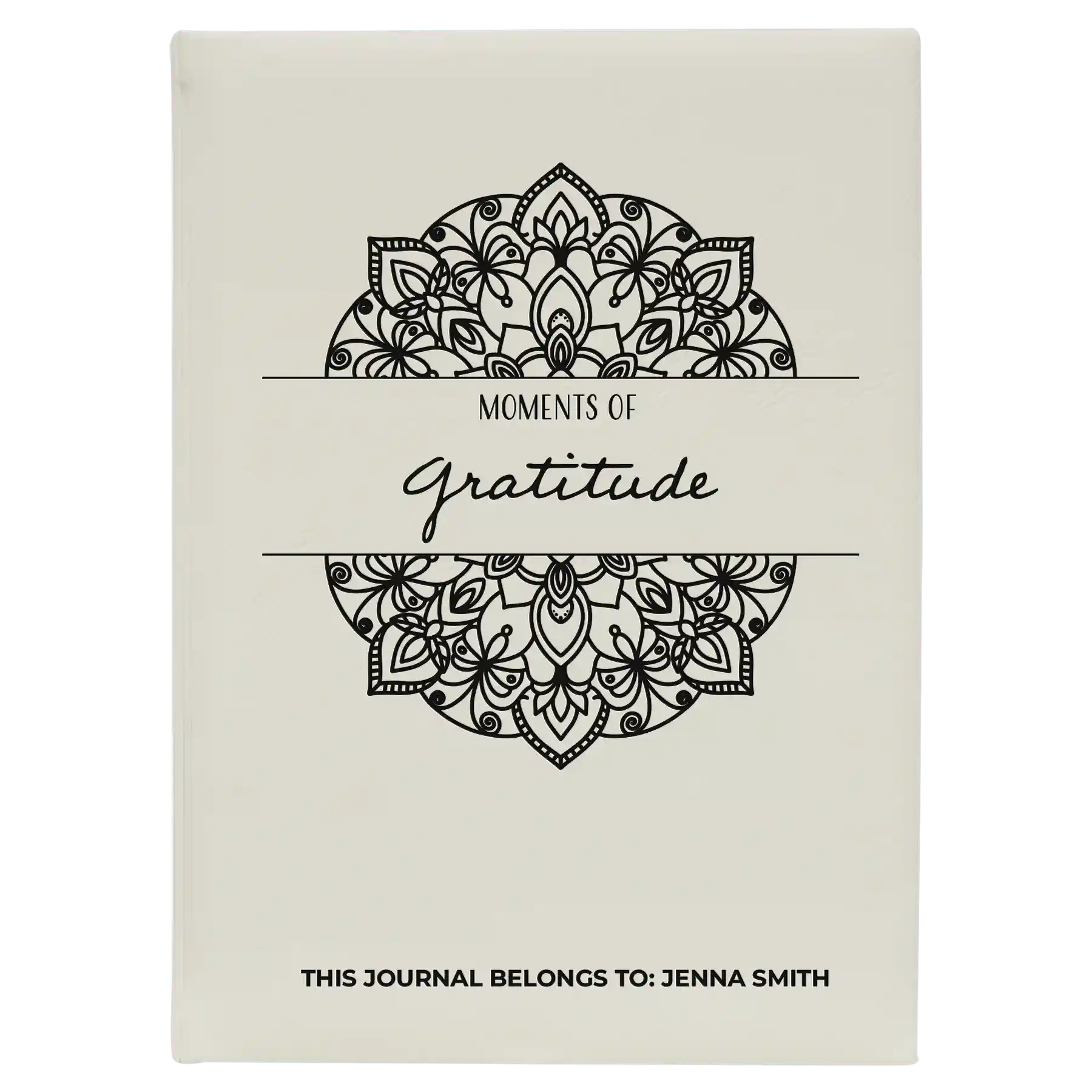 Large white leatherette sketch book laser etched with 'Moments of Gratitude' design