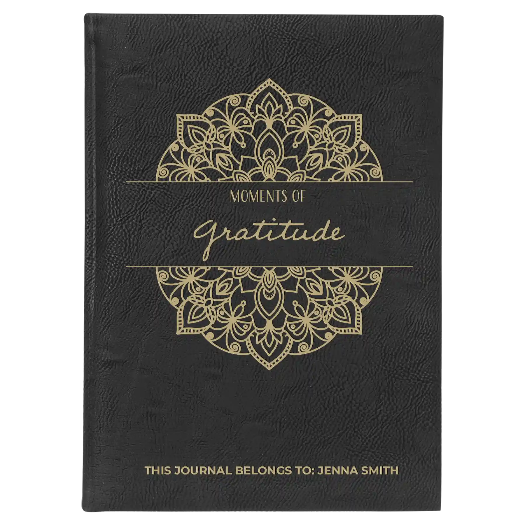 Large black/gold leatherette sketch book laser etched with 'Moments of Gratitude' design
