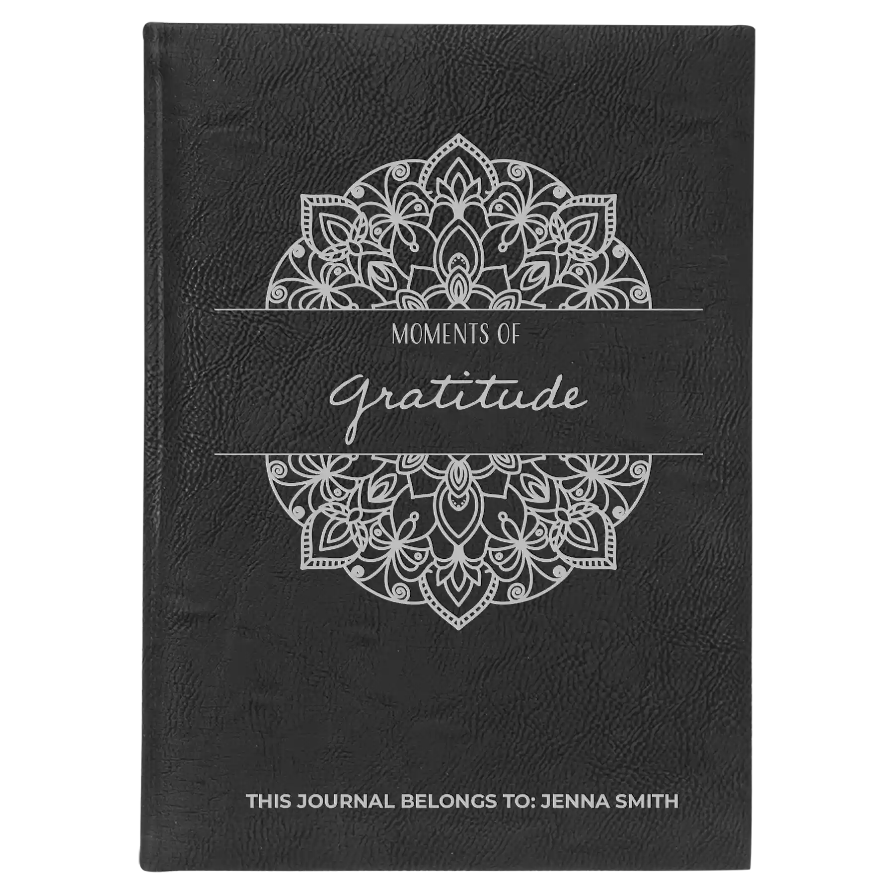Large black/silver leatherette journal laser etched with 'Moments of Gratitude' design