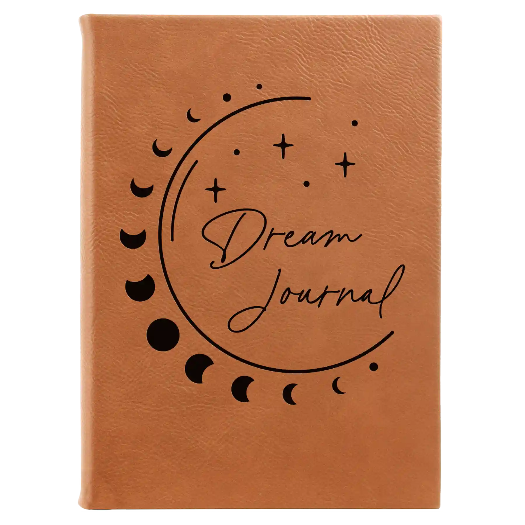 Large rawhide leatherette journal laser etched with 'Moon Dream Journal' design