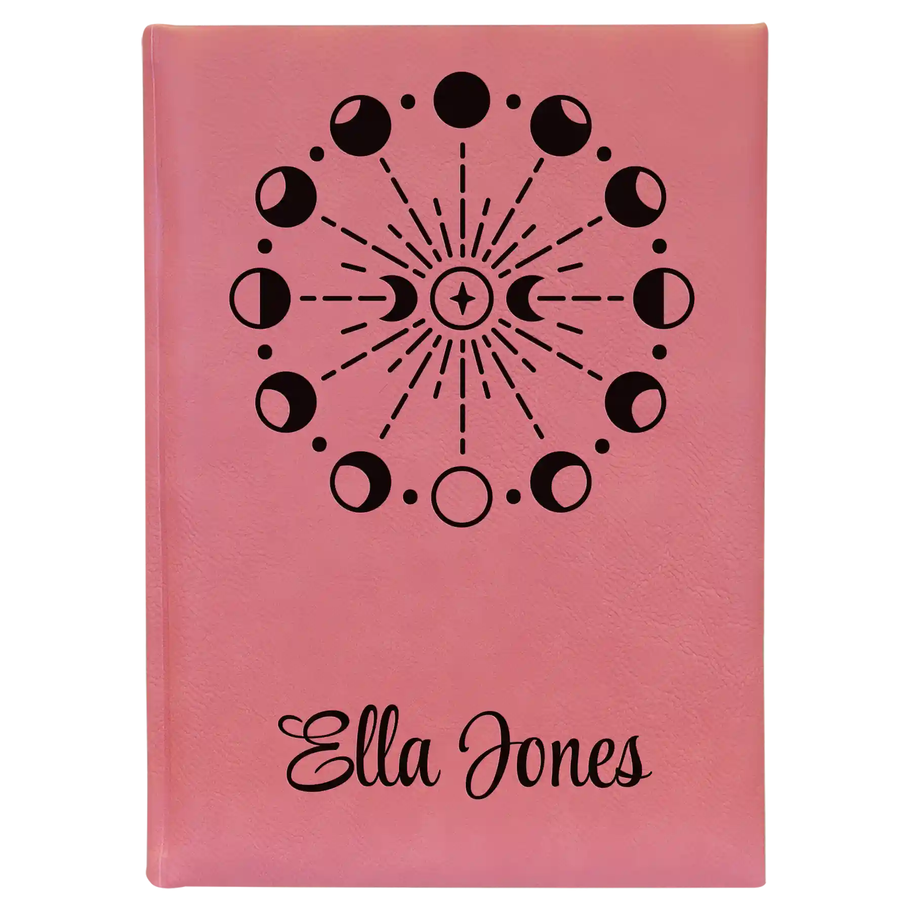 Large pink leatherette journal laser etched with 'Moon Phase' design