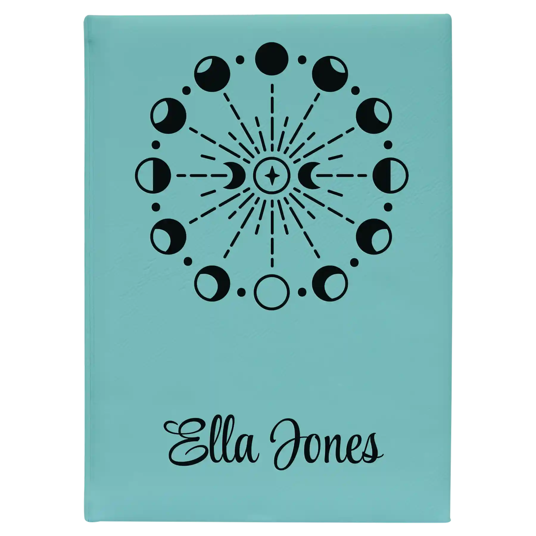 Large teal leatherette journal laser etched with 'Moon Phase' design