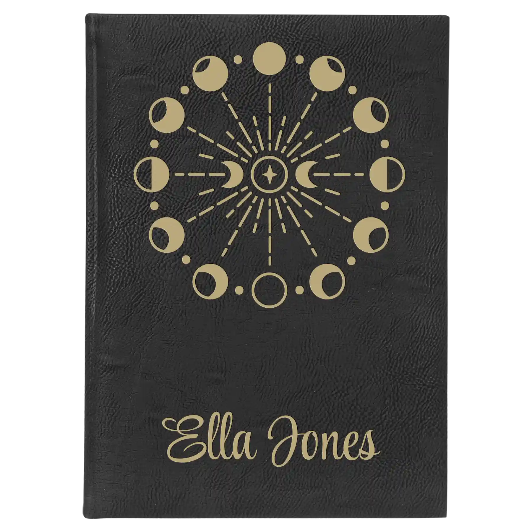 Large black/gold leatherette sketch book laser etched with 'Moon Phase' design
