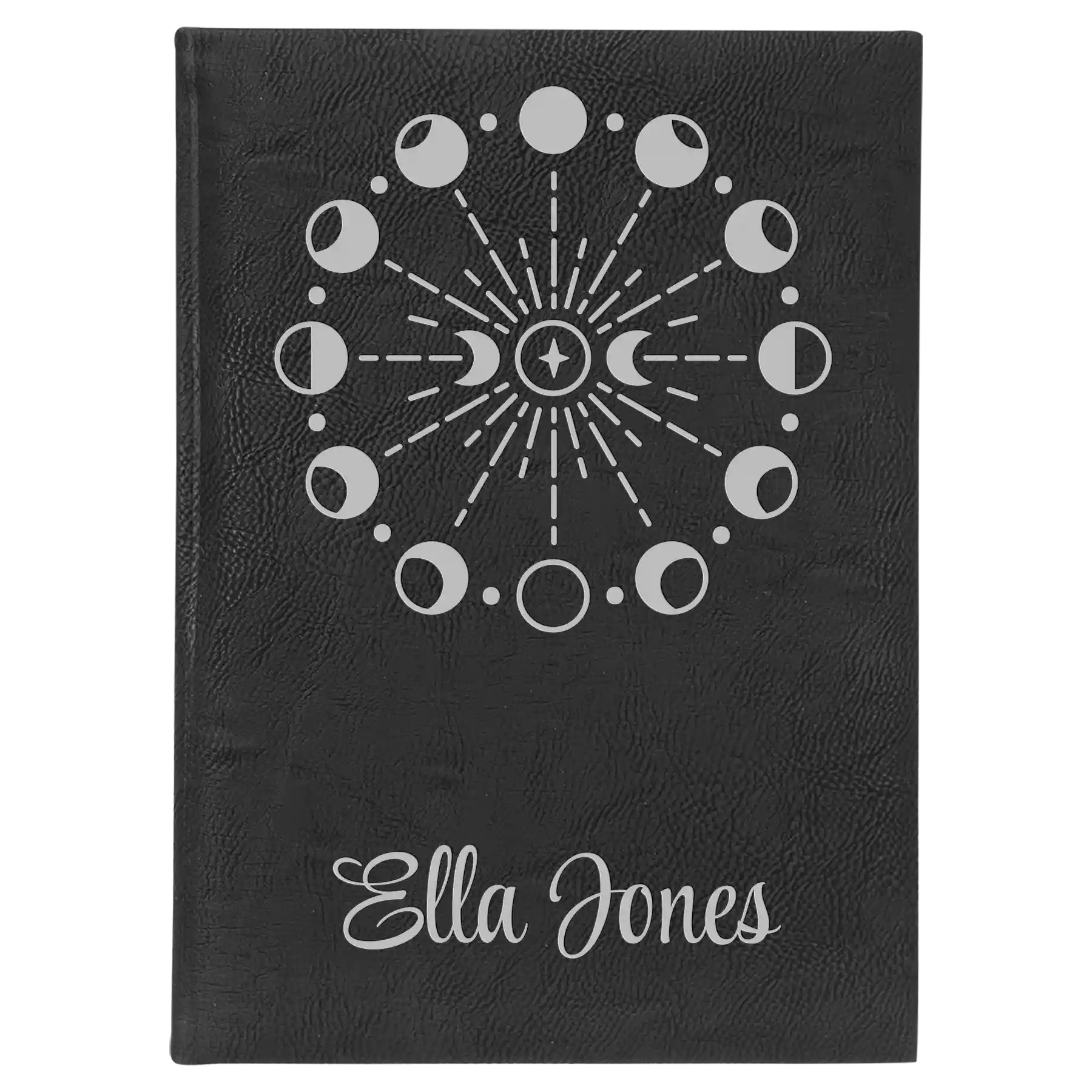 Large black/silver leatherette journal laser etched with 'Moon Phase' design