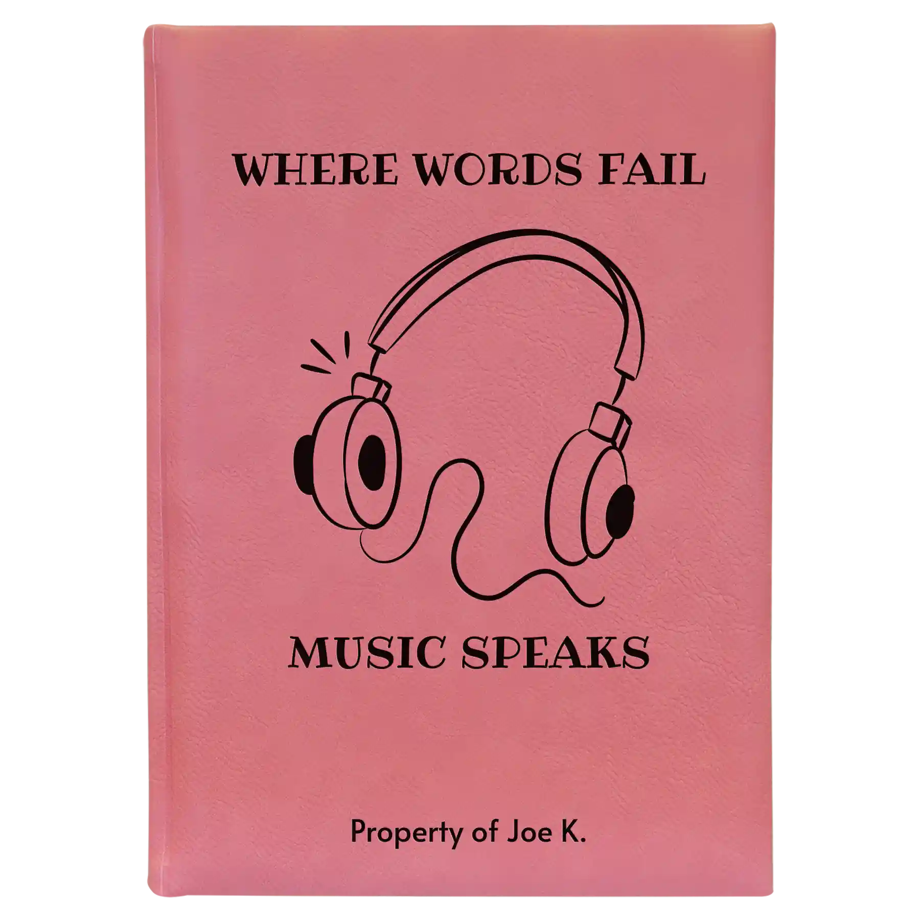 Large pink leatherette sketch book laser etched with 'Music Speaks' design