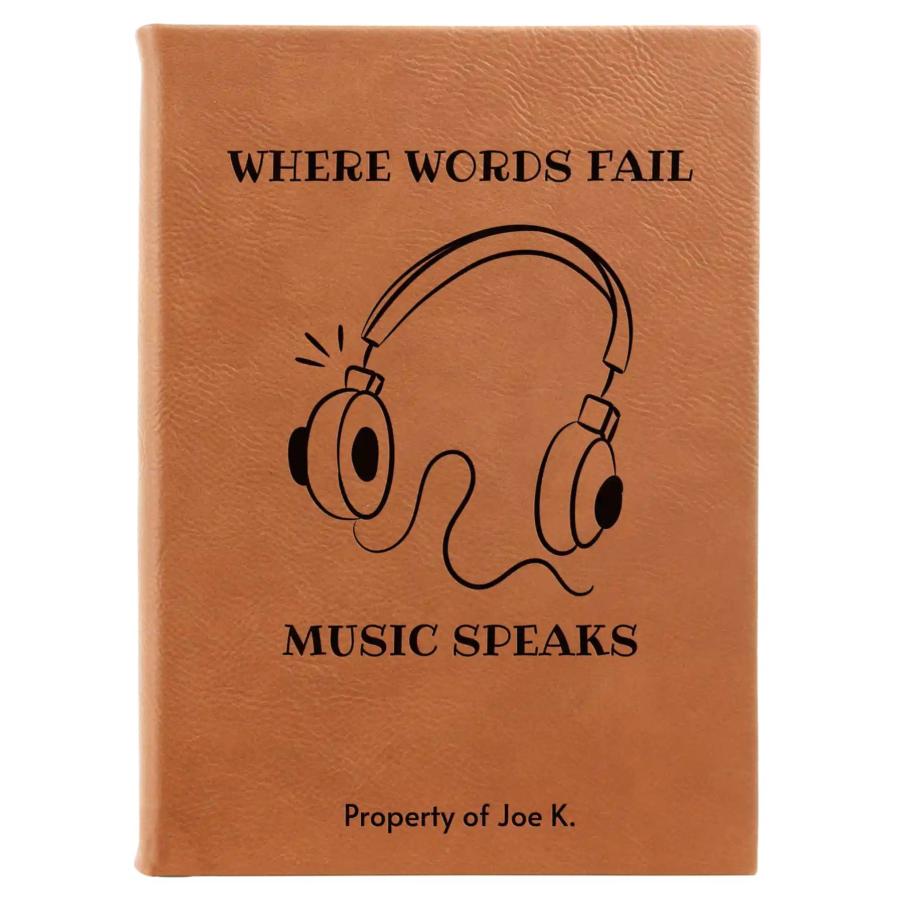 Large rawhide leatherette sketch book laser etched with 'Music Speaks' design
