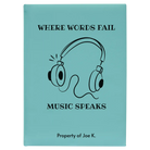 Large teal leatherette journal laser etched with 'Music Speaks' design