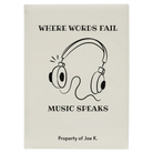 Large white leatherette journal laser etched with 'Music Speaks' design