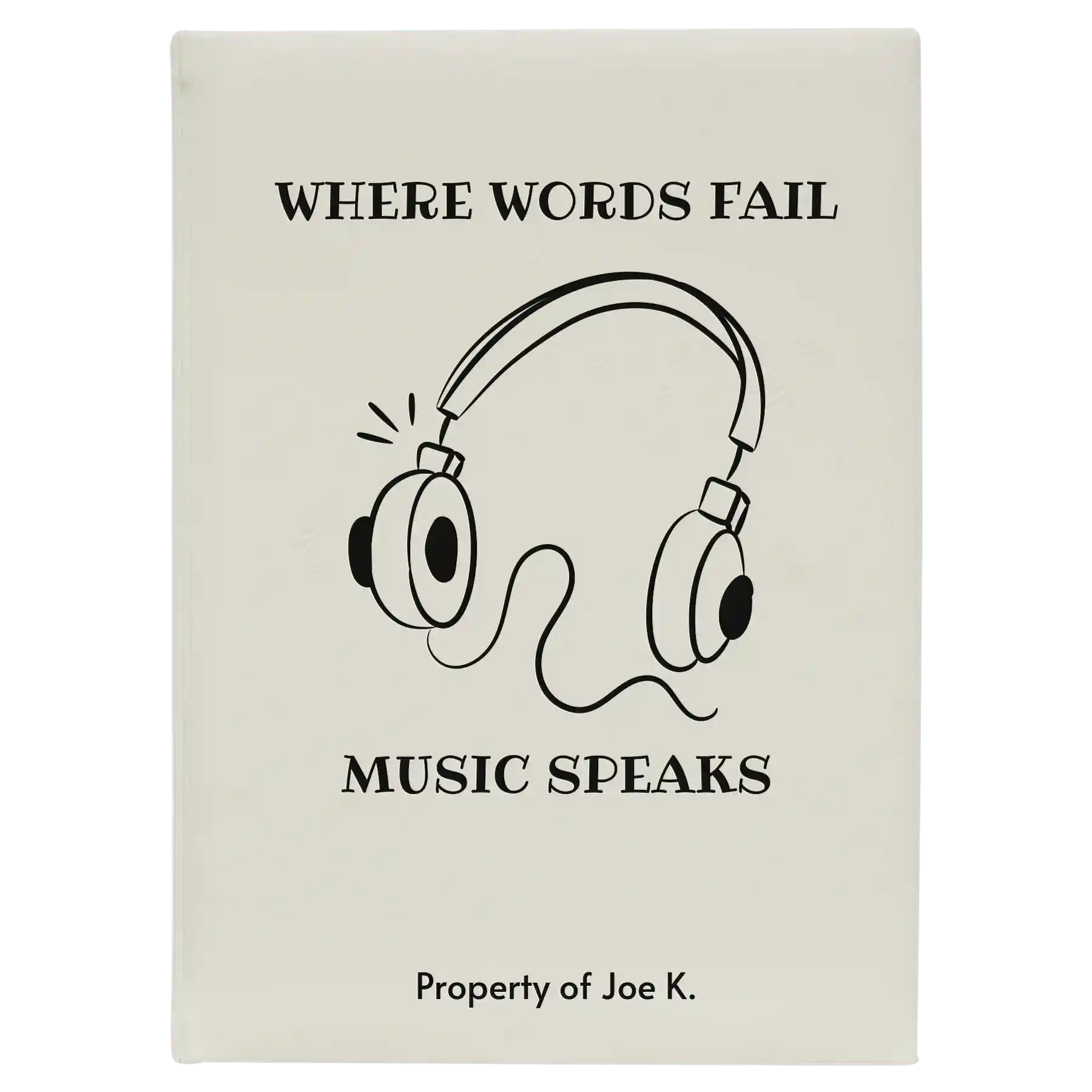 Large white leatherette journal laser etched with 'Music Speaks' design