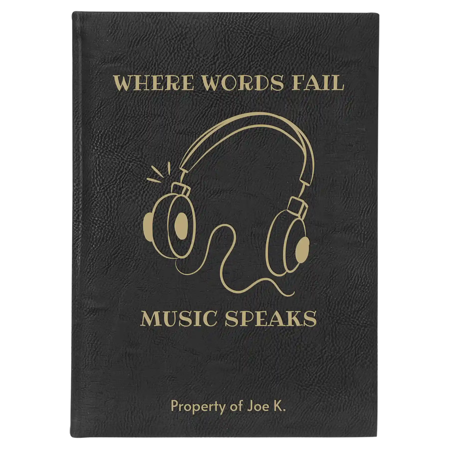 Large black/gold leatherette journal laser etched with 'Music Speaks' design