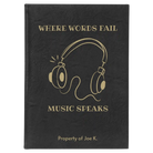 Large black/gold leatherette sketch book laser etched with 'Music Speaks' design