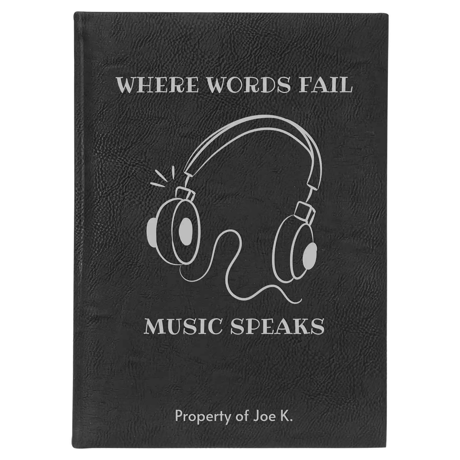 Large black/silver leatherette sketch book laser etched with 'Music Speaks' design