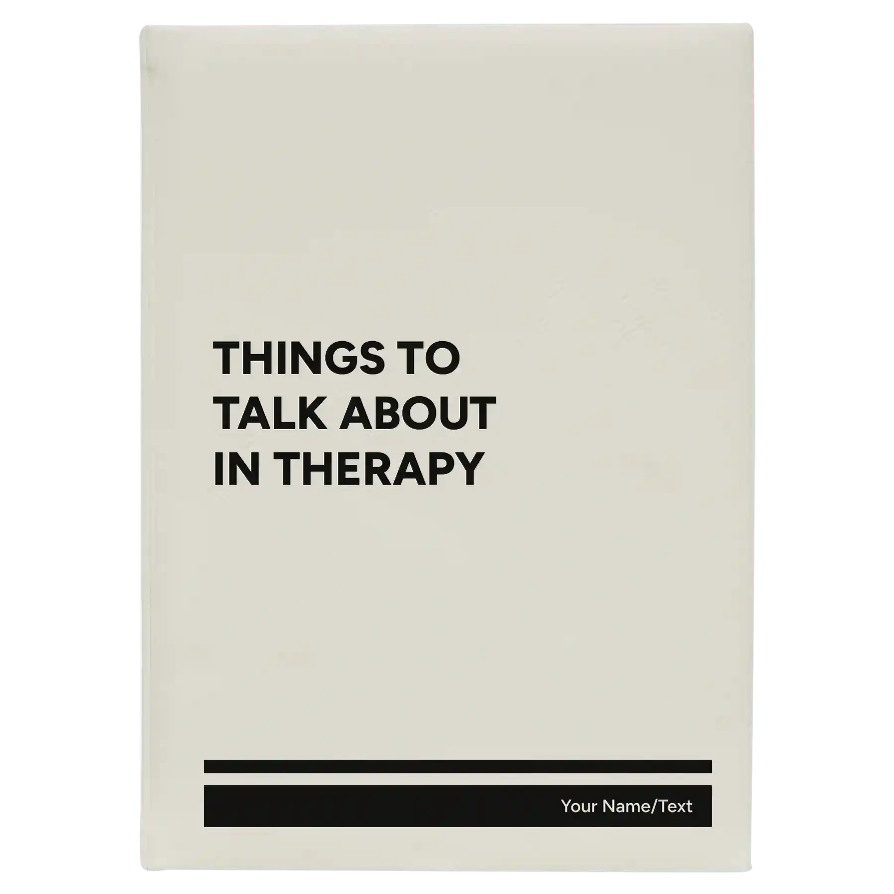 Large white leatherette sketch book laser etched with 'Things to Talk About in Therapy' design
