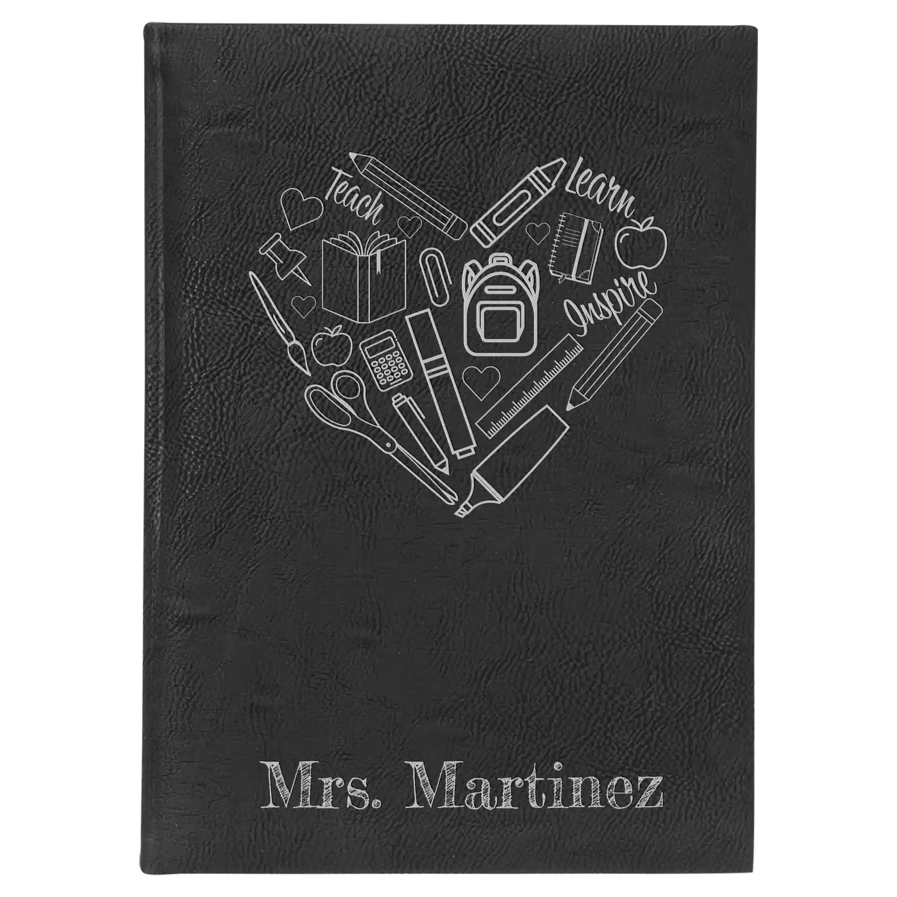 Large black/silver leatherette sketch book laser etched with 'Teach Learn Inspire' design