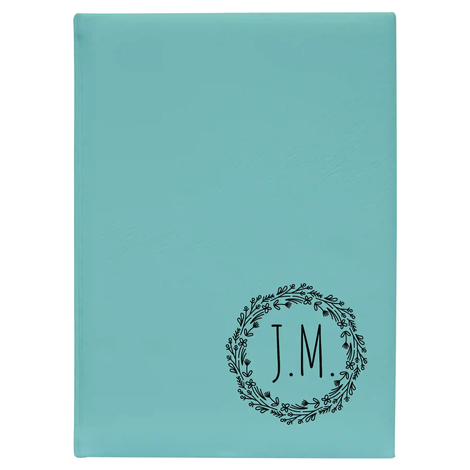 Large teal leatherette sketch book laser etched with 'Wreath Initials' design