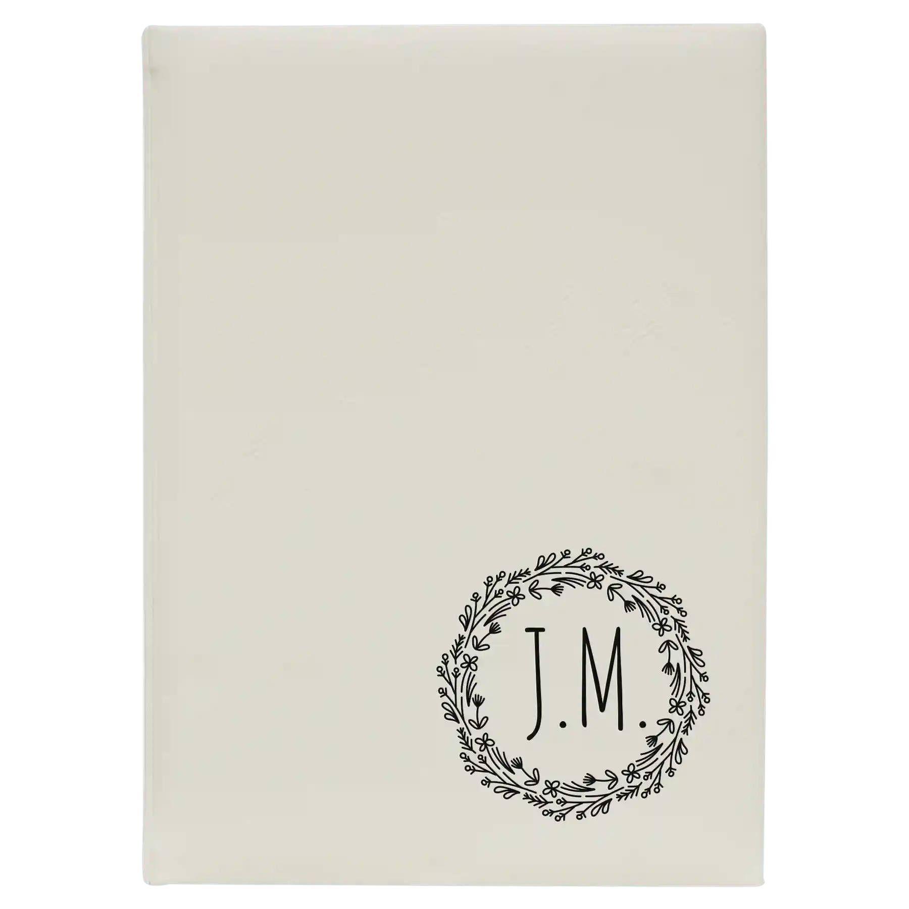 Large white leatherette sketch book laser etched with 'Wreath Initials' design