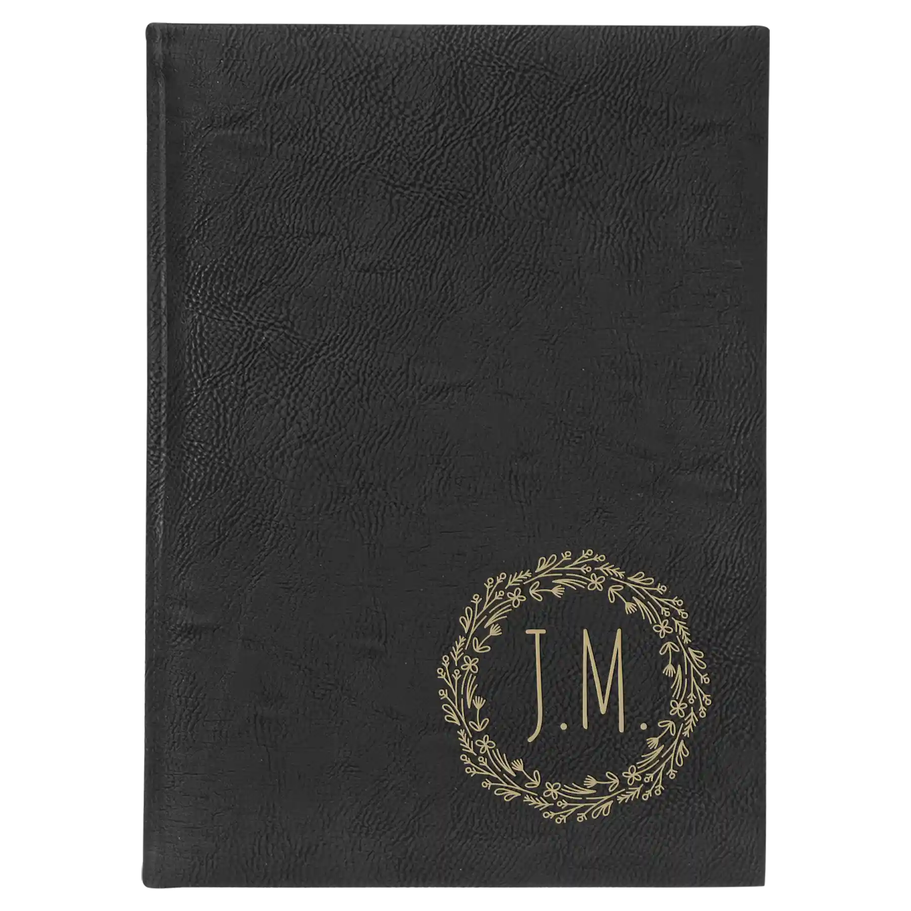 Large black/gold leatherette sketch book laser etched with 'Wreath Initials' design