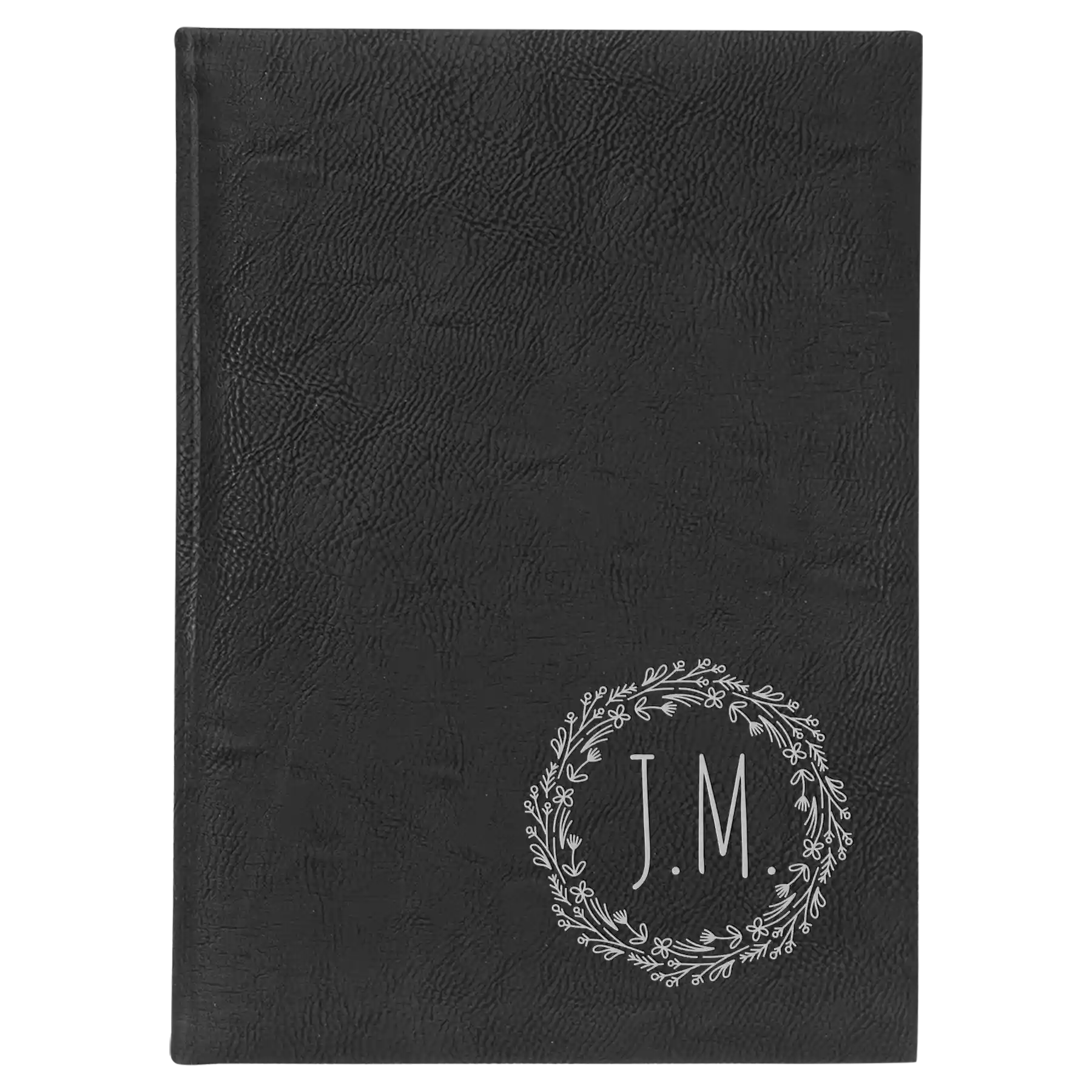 Large black/silver leatherette sketch book laser etched with 'Wreath Initials' design