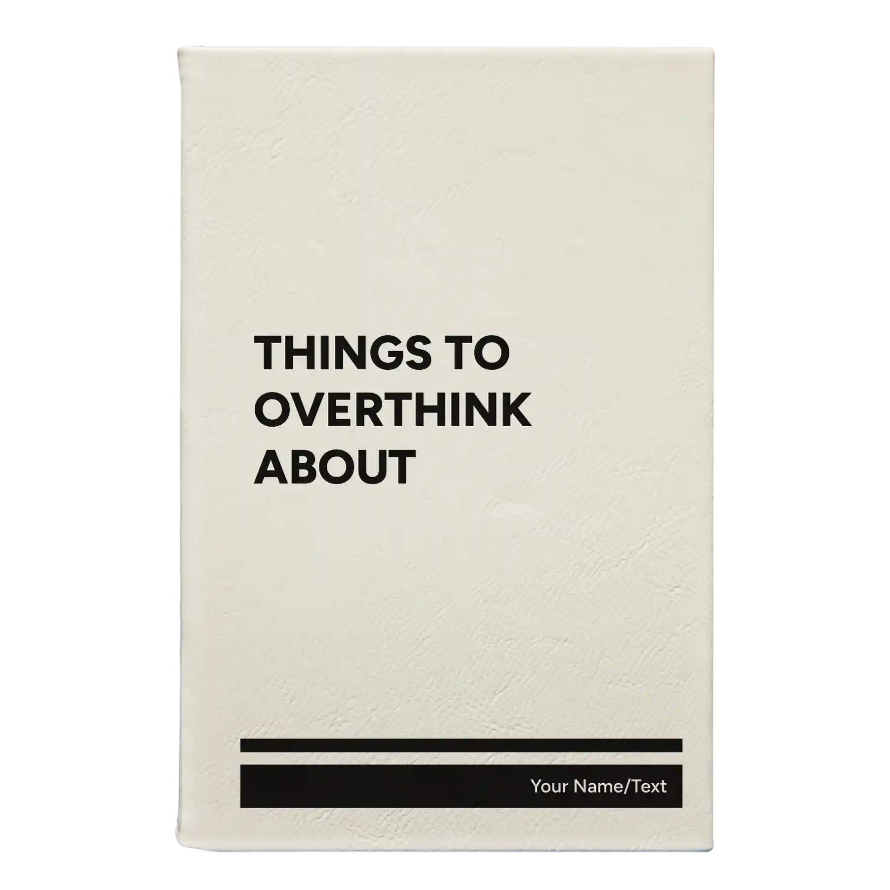 Small white leatherette journal laser etched with 'Things to Overthink About' design