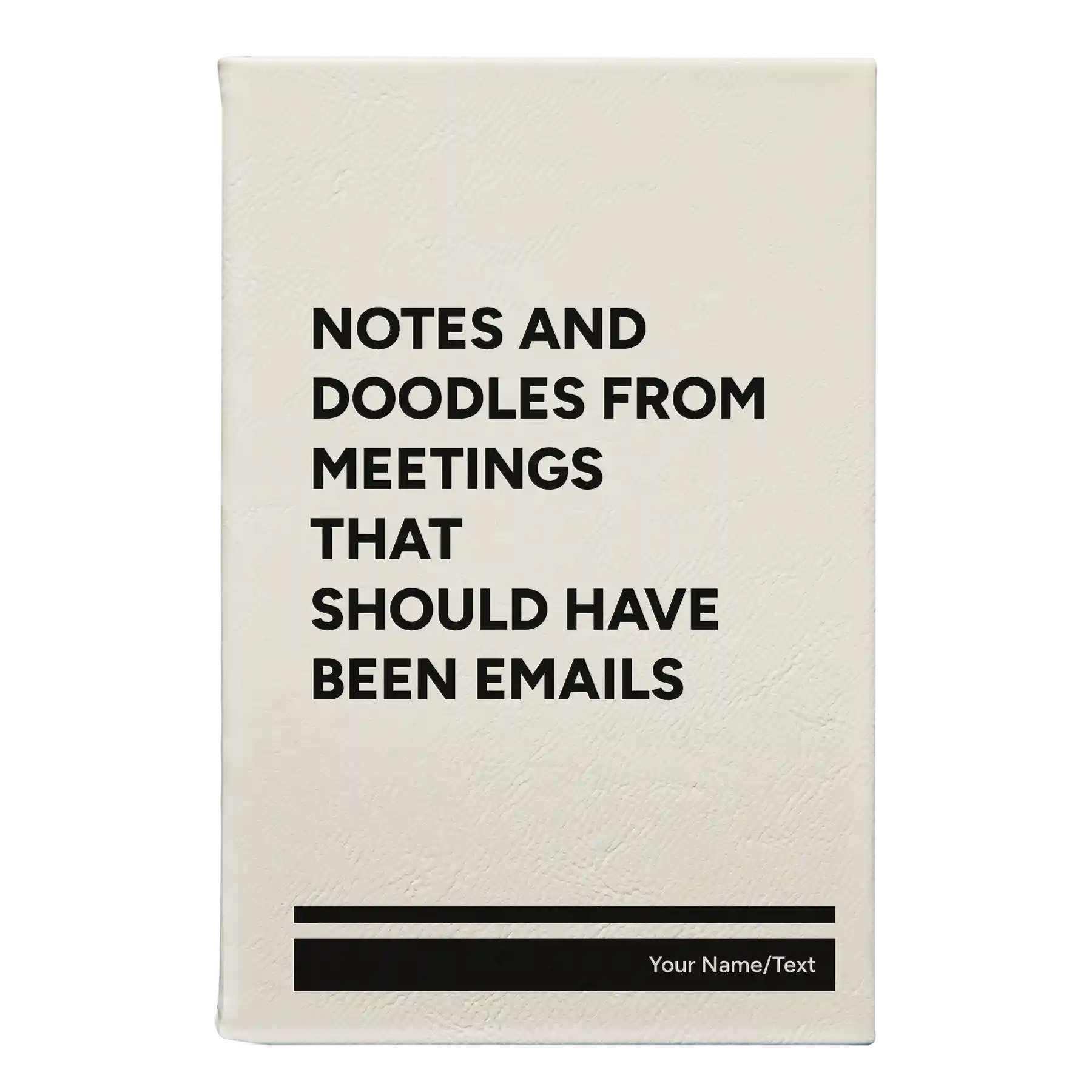 Small white leatherette journal laser etched with 'Notes and Doodles From Meetings' design