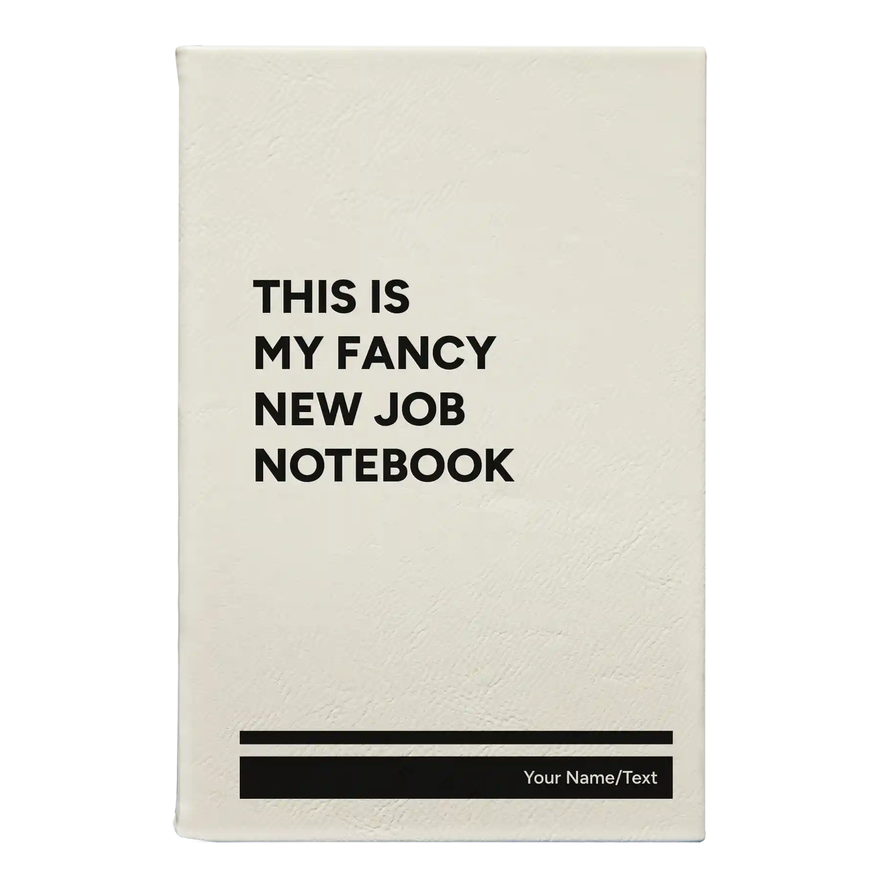 Small white leatherette sketch book laser etched with 'Fancy New Job' design