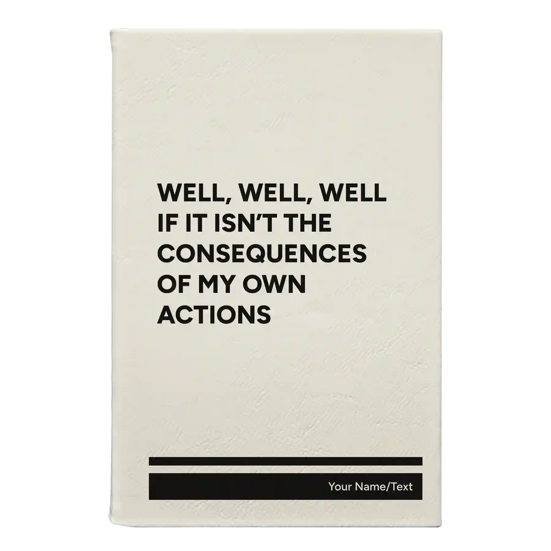 Small white leatherette sketch book laser etched with 'Consequences' design