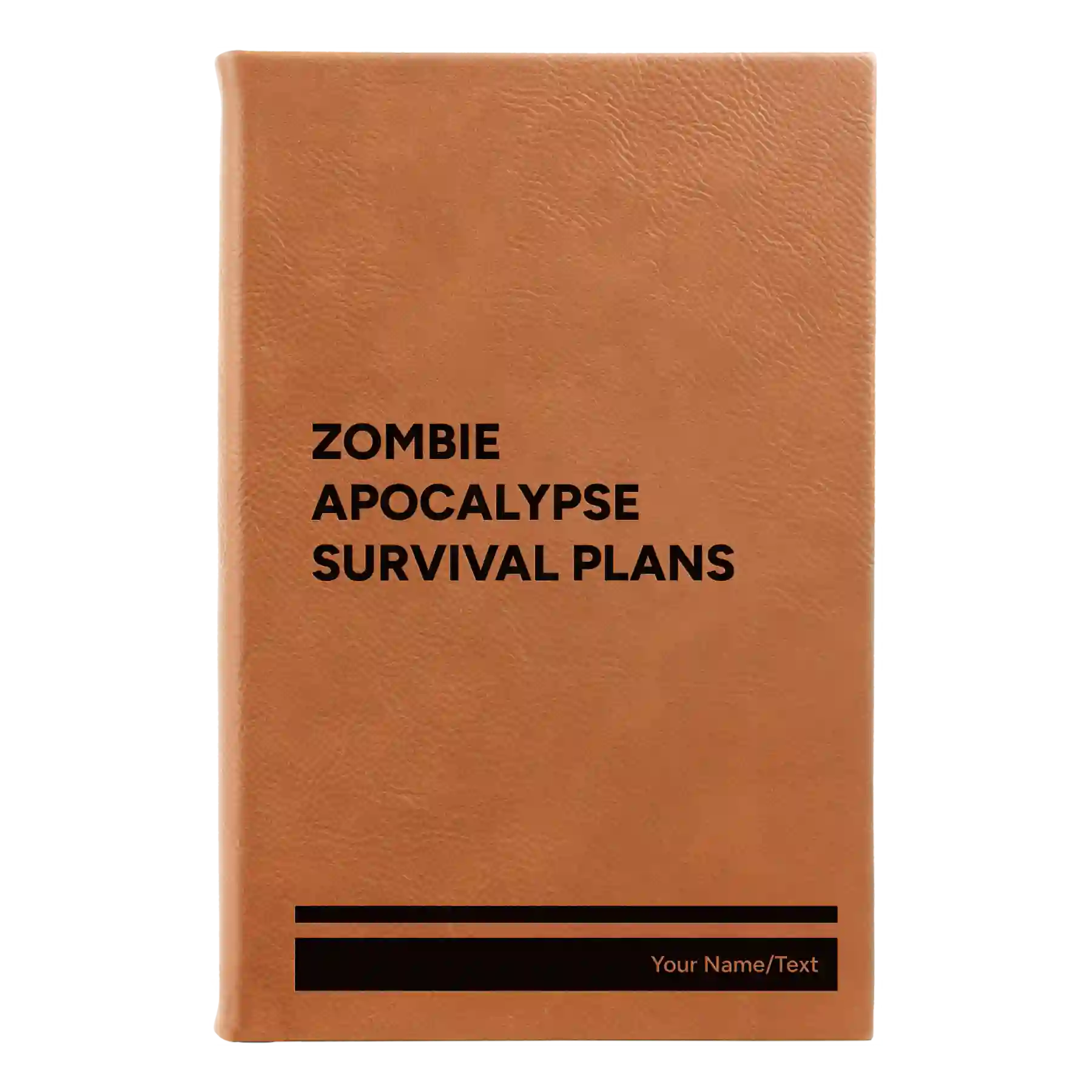 Small rawhide leatherette journal laser etched with 'Zombie Apocalypse Survival Plans' design