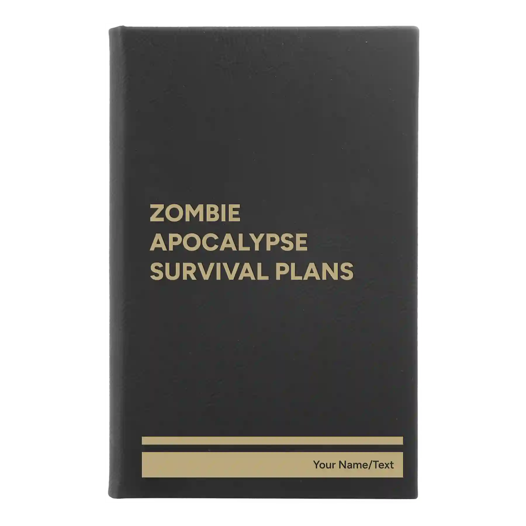 Small black/gold leatherette sketch book laser etched with 'Zombie Apocalypse Survival Plans' design
