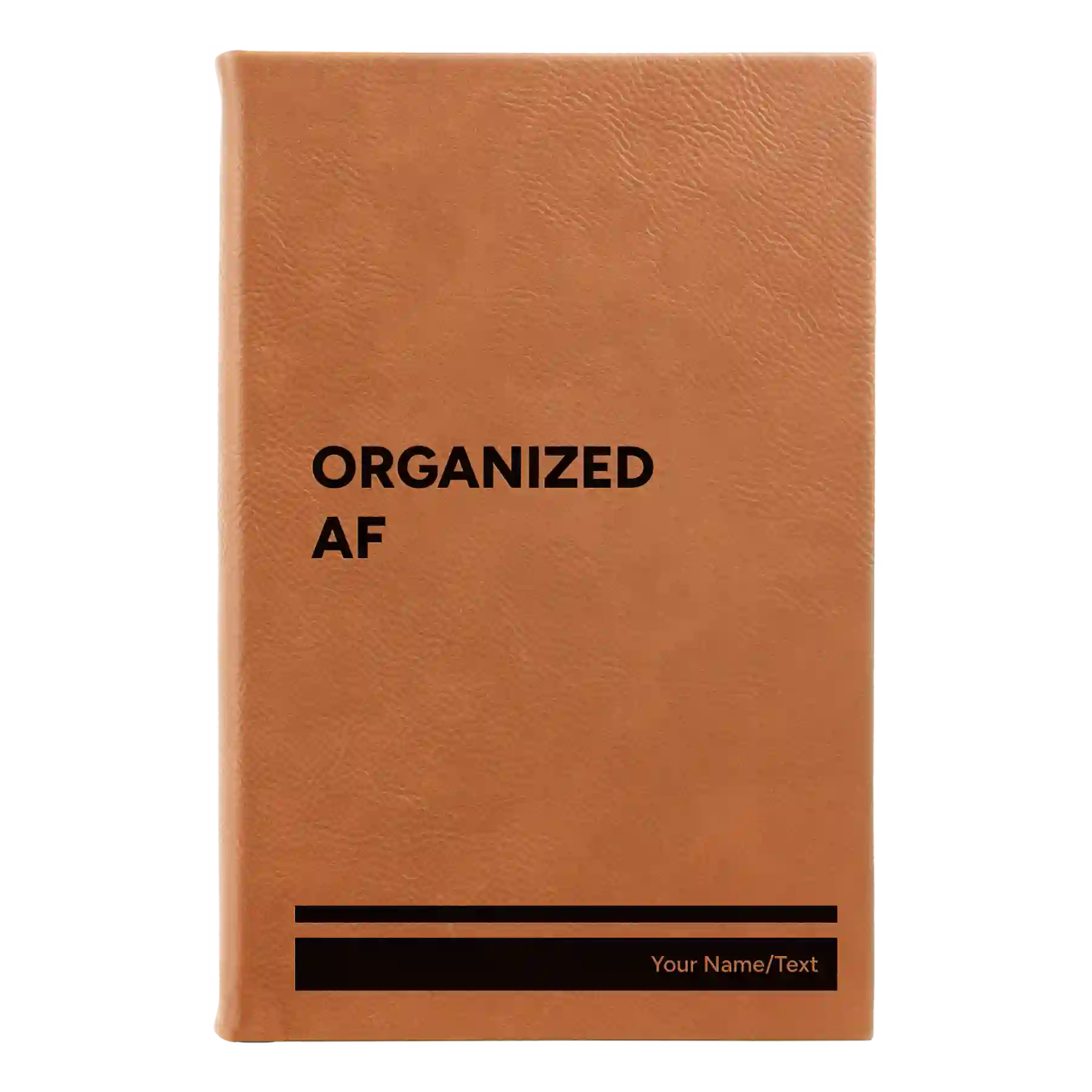 Small rawhide leatherette journal laser etched with 'Organized AF' design