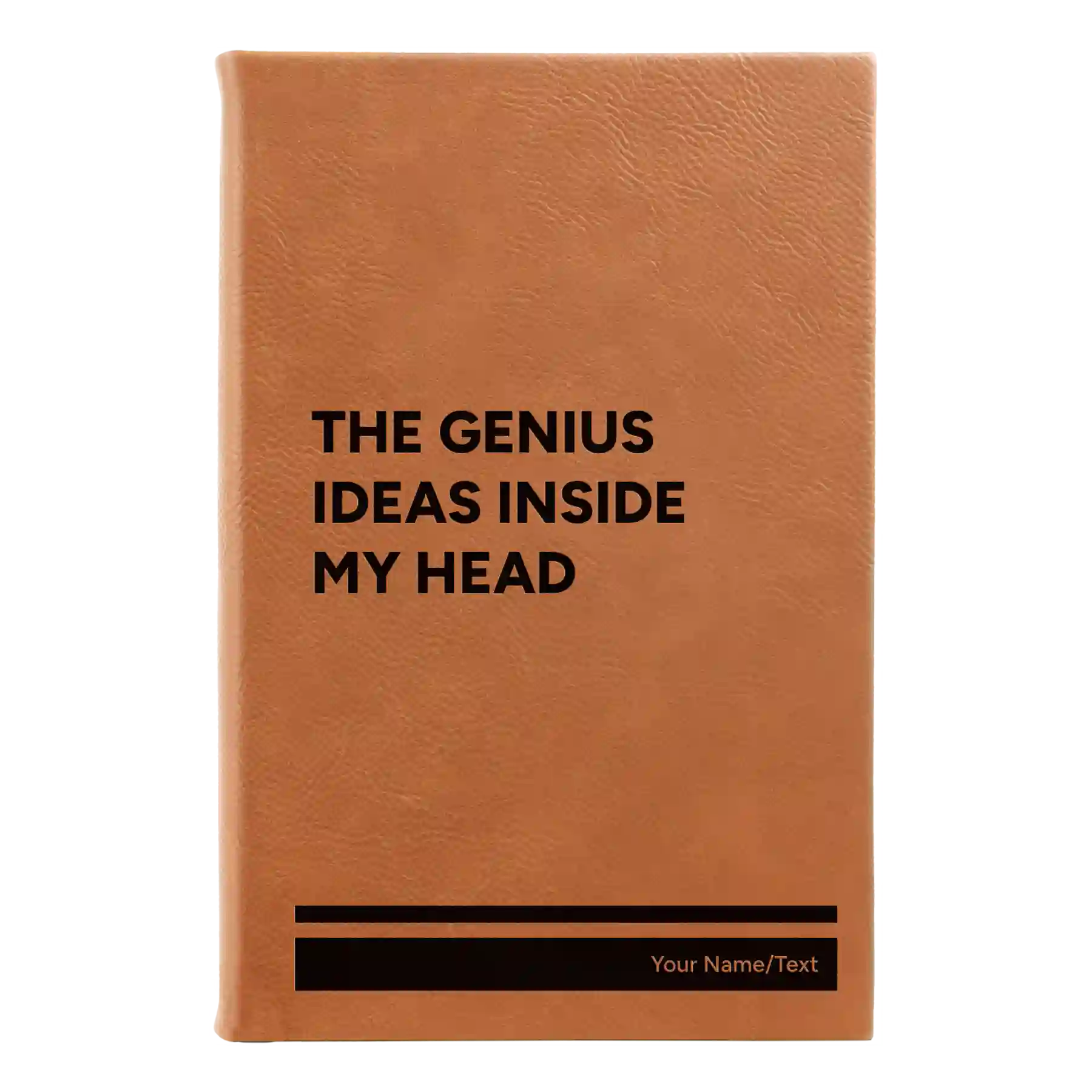 Small rawhide leatherette journal laser etched with 'Genius Ideas' design