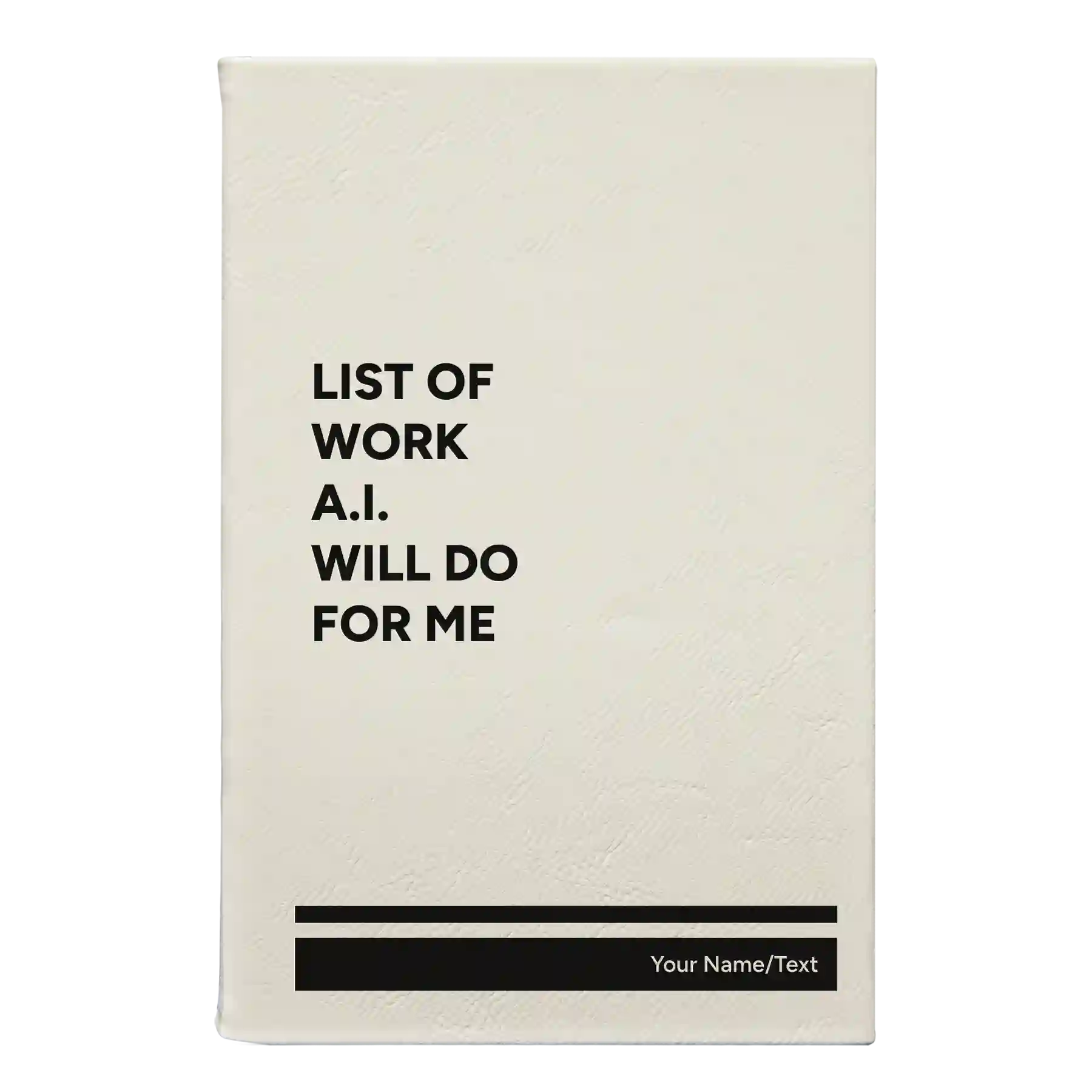 Small white leatherette sketch book laser etched with 'Lists of Work' design