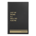 Small black/gold leatherette sketch book laser etched with 'Lists of Work' design