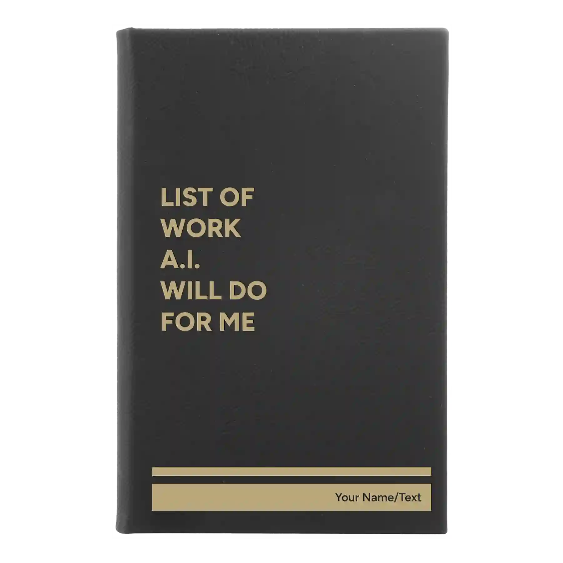 Small black/gold leatherette sketch book laser etched with 'Lists of Work' design