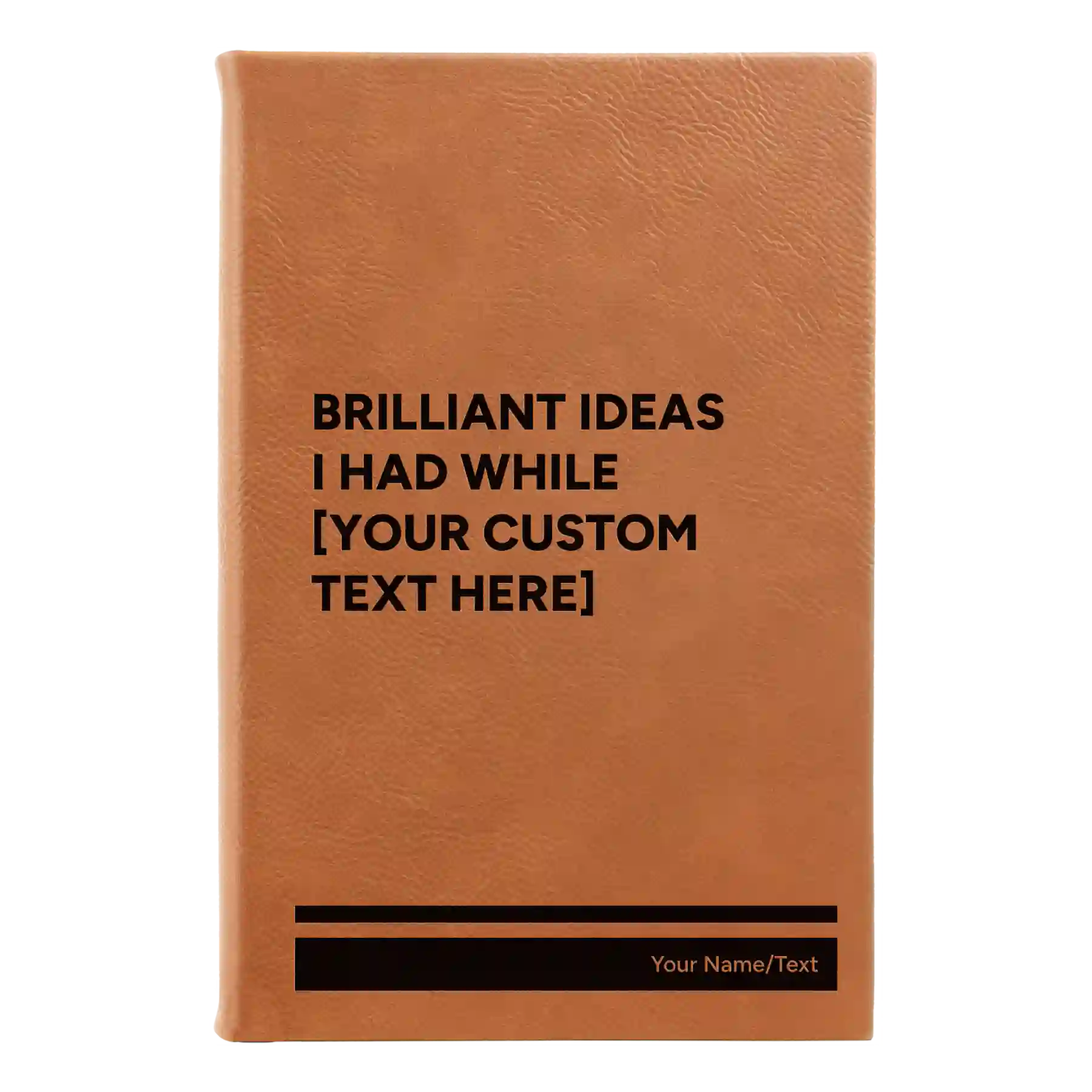 Small rawhide leatherette journal laser etched with 'Brilliant Ideas Custom Text' design