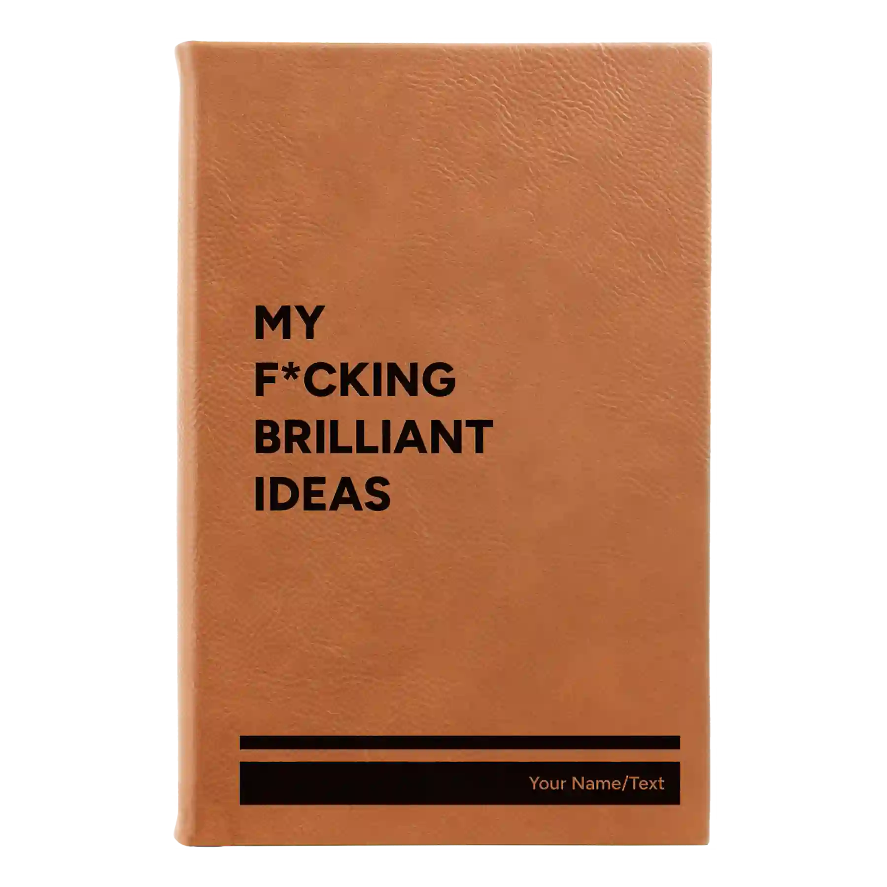 Small rawhide leatherette sketch book laser etched with 'Fcking Brilliant Ideas' design