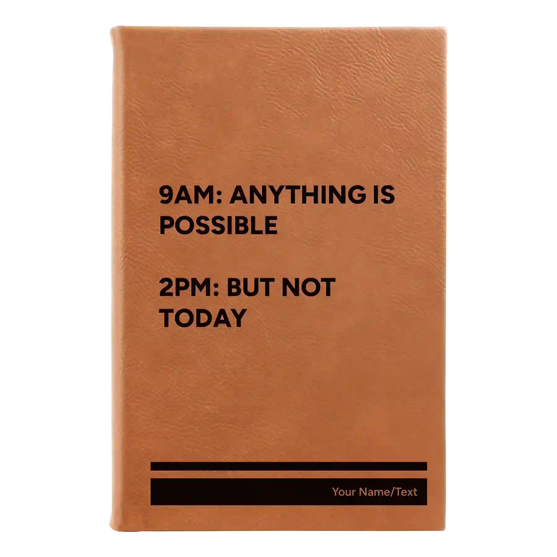 Small rawhide leatherette journal laser etched with '9AM 2PM' design