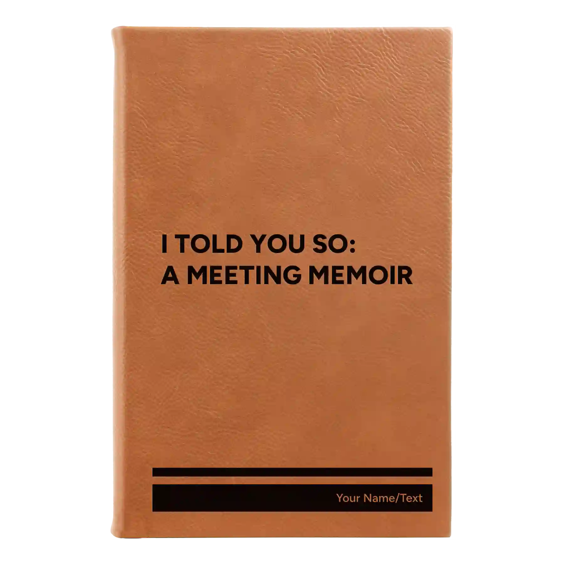 Small rawhide leatherette sketch book laser etched with 'Meeting Memoir' design
